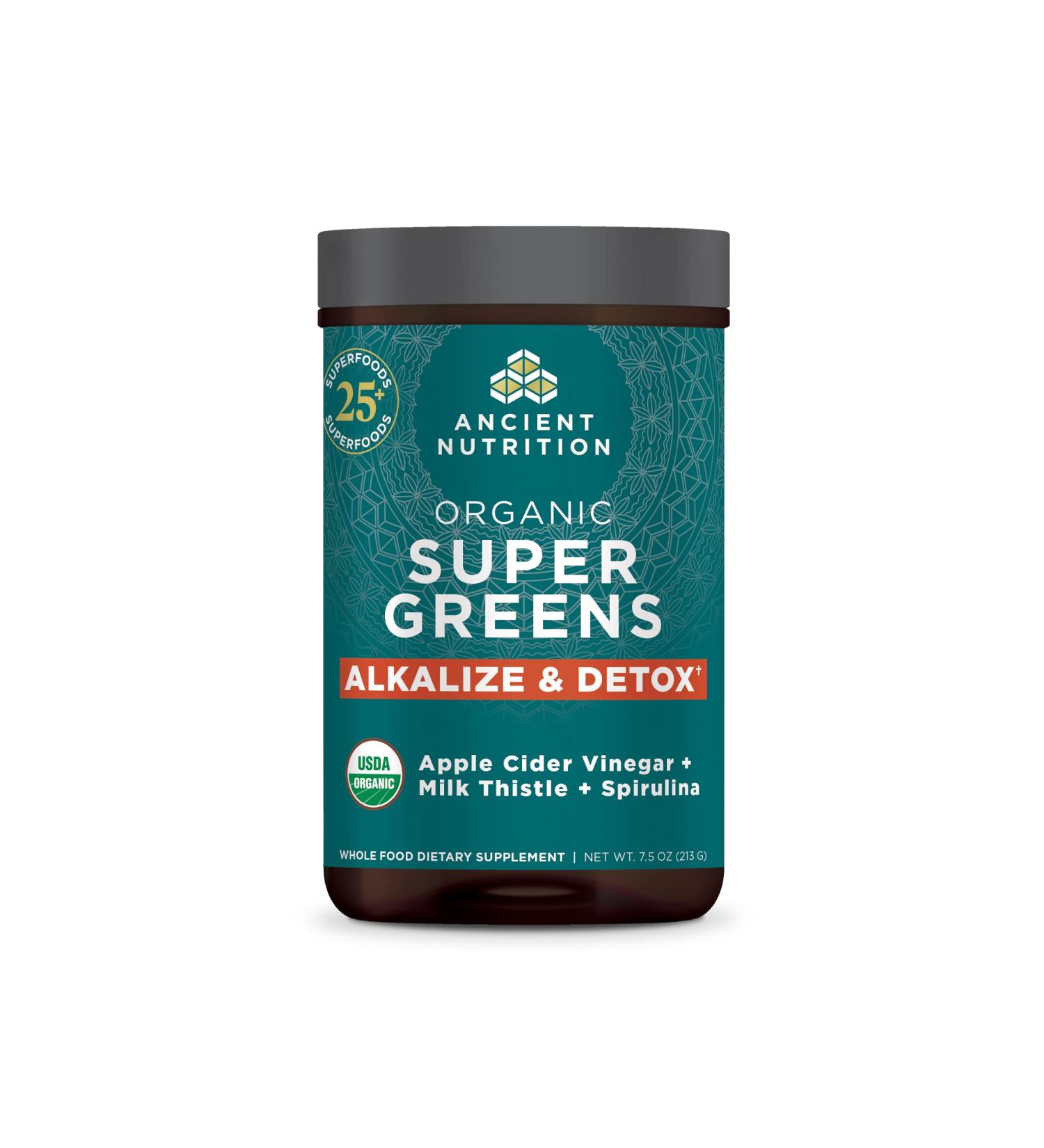 Ancient Nutrition Supergreens Alkalize & Detox Powder Organic Superfood Powder Made from Real Fruits Vegetables and Herbs for Digestive and Energy Support 25 Servings 7.5oz Alkalize & Detox 25 Servings (7.5 Ounce) - Buy Online on GoSupps.com