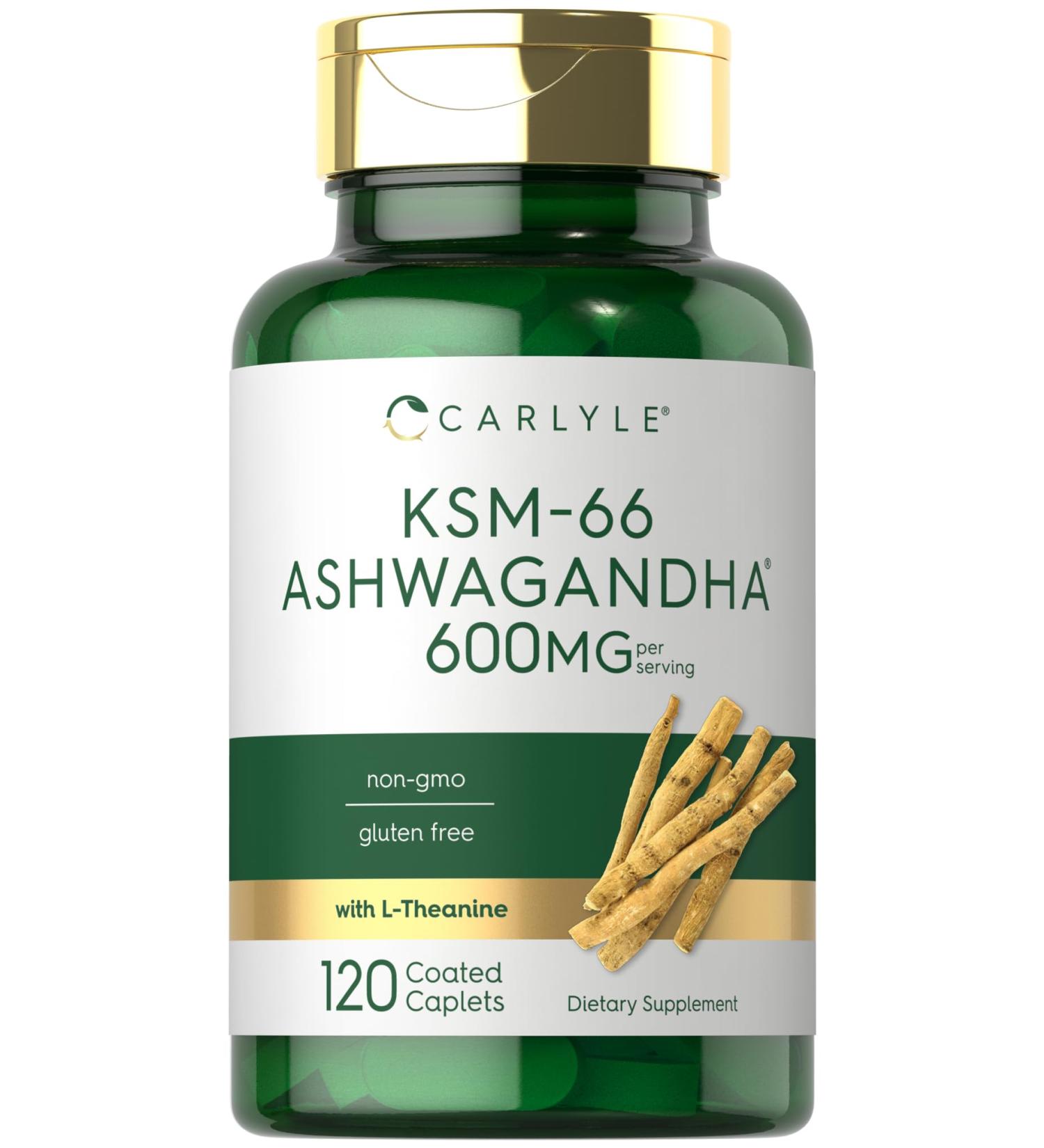 Carlyle KSM-66 Ashwagandha 600mg | 120 Caplets | Extract Supplement with L-Theanine | Vegan Non-GMO Gluten Free 120 Count (Pack of 1) - Buy Online on GoSupps.com