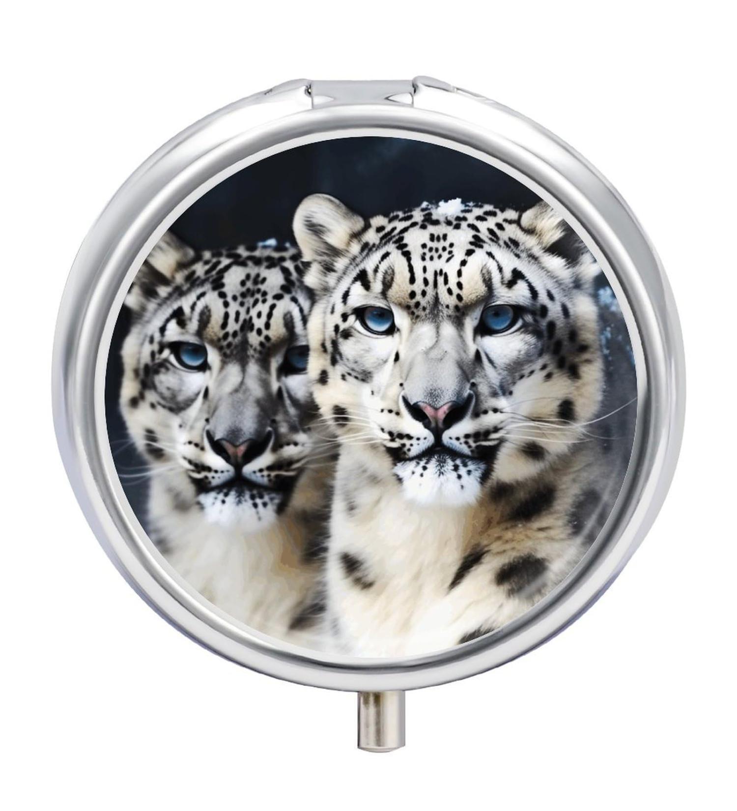 Round Blue Eyed Snow Leopard Pill Box - 3 Compartment Metal Organizer | Portable Decorative Pill Case - Buy Online on GoSupps.com