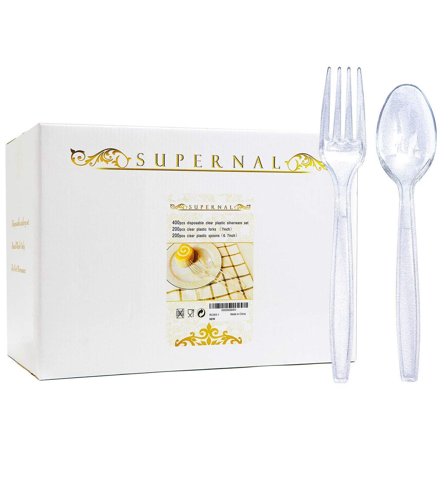 400pcs Disposable Clear Plastic Silverware Set - 200 Forks and 200 Spoons - Supernal Crystal Cutlery - Buy Online on GoSupps.com