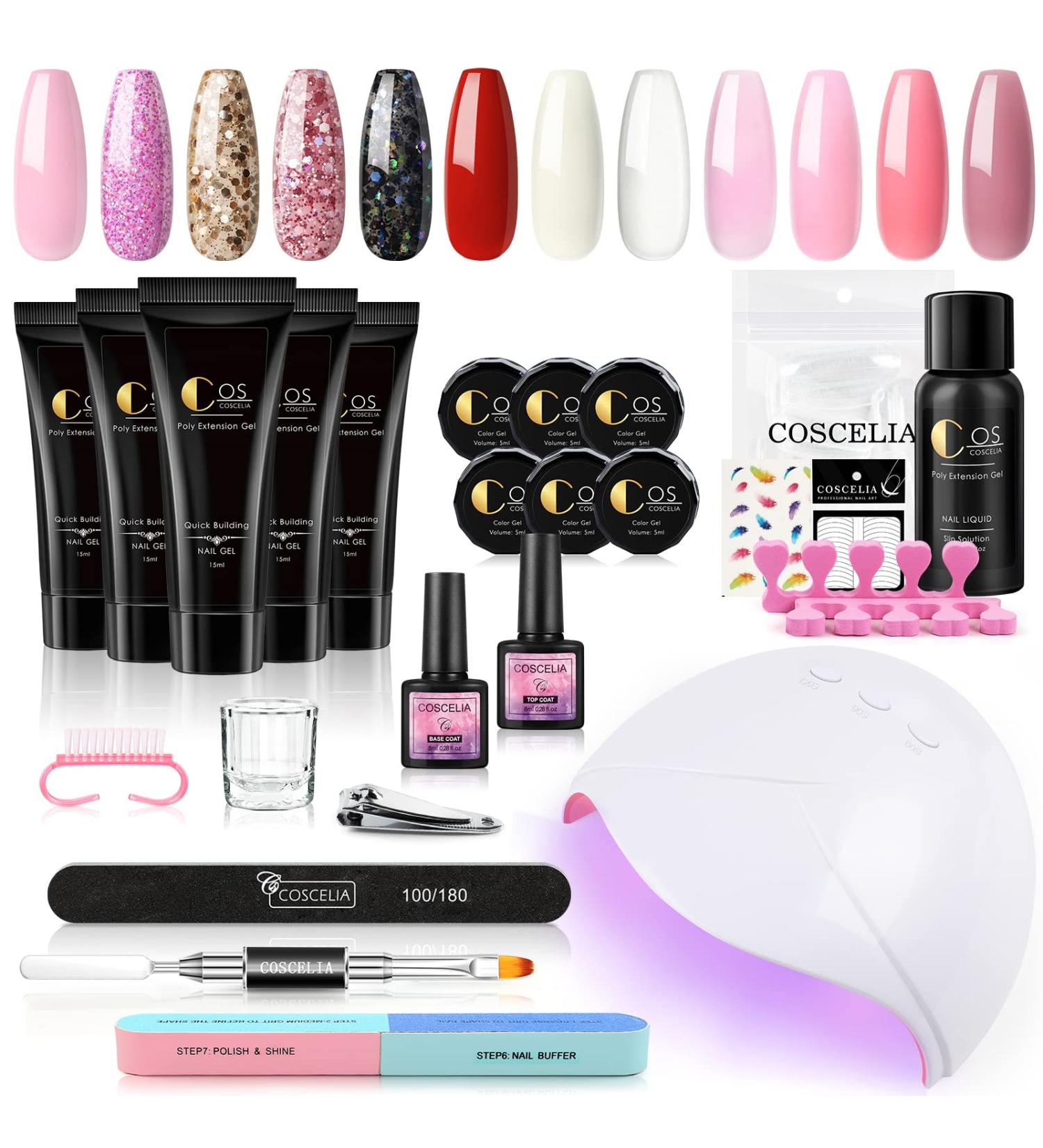 Poly Nail Gel Kit with 36W UV LED Lamp - 6 Nude Colors & 6 Glitter UV Gels, Base and Top Coat, Nail Art Gift Set for Women - Buy Online on GoSupps.com