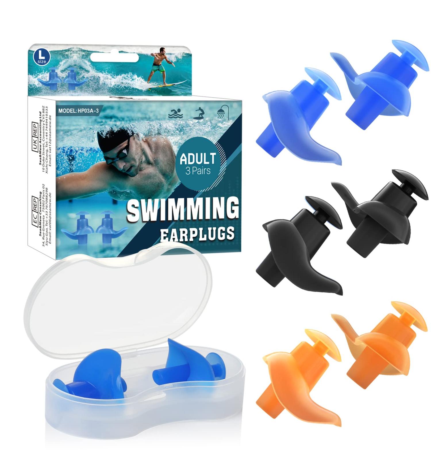 Hearprotek Swim Ear Plugs - 3 Pairs Waterproof Reusable Silicone Ear Plugs for Adults - Comfortable for Swimmers, Shower, Pool, Bath, Surfing - Blue/Black/Orange - Buy Online on GoSupps.com