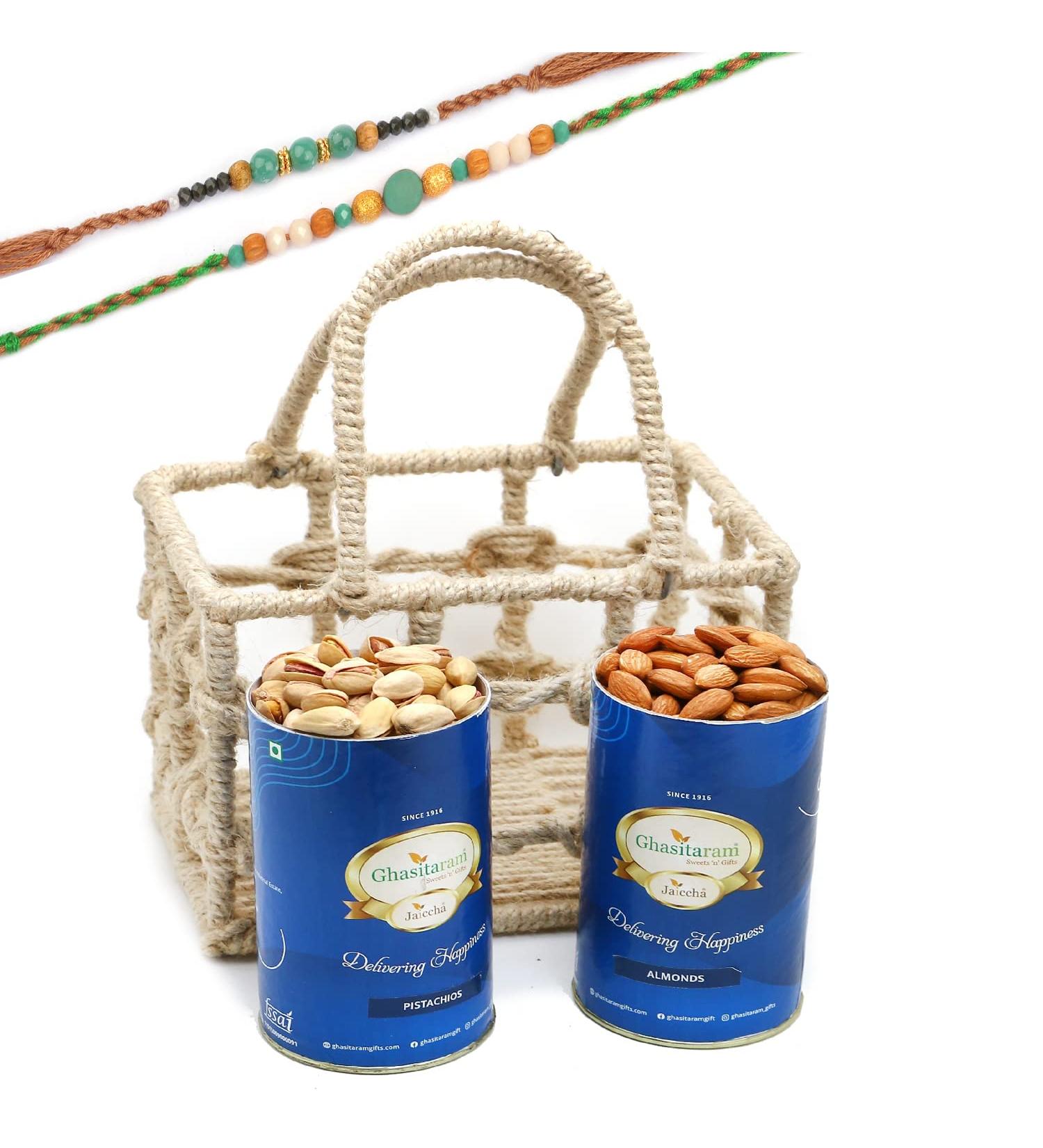 Ghasitaram Gifts Rakhi Gifts for Brothers Jute Check Basket of Almonds and Pistachios with 2 Green Beads Rakhis - Buy Online on GoSupps.com
