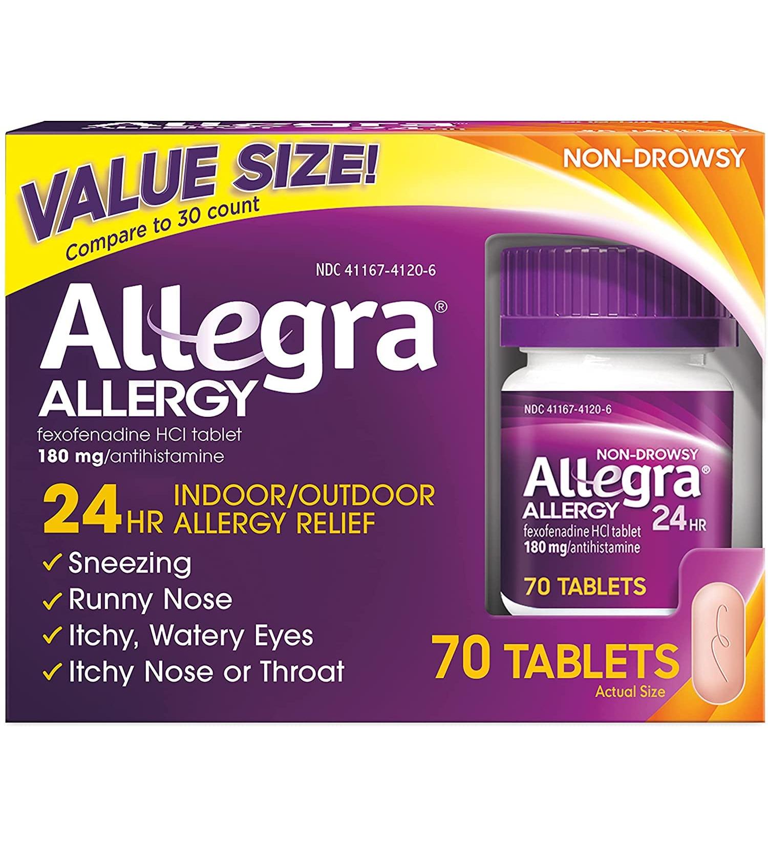 Allegra Allergy 24 Hour Tablets 180 mg Each Long-Lasting Fast-Acting Antihistamine for Noticeable Relief from Indoor and Outdoor Allergy Symptoms (70 Count) (Pack of 2) - Buy Online on GoSupps.com