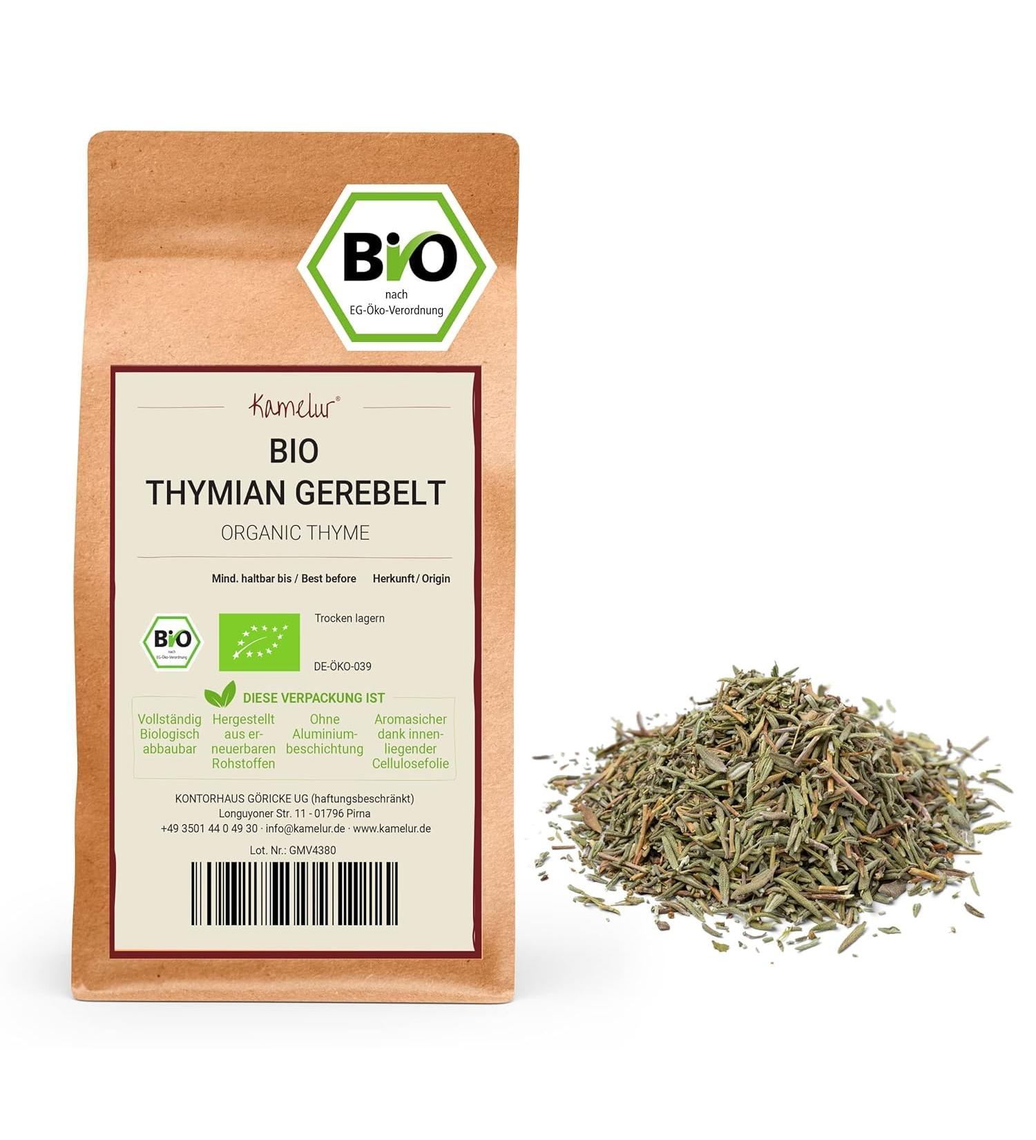 Kamelur 500g of dried and grated organic thyme - organic aromatic spice without additives - perfect for thyme tea - in biodegradable packaging - Buy Online on GoSupps.com