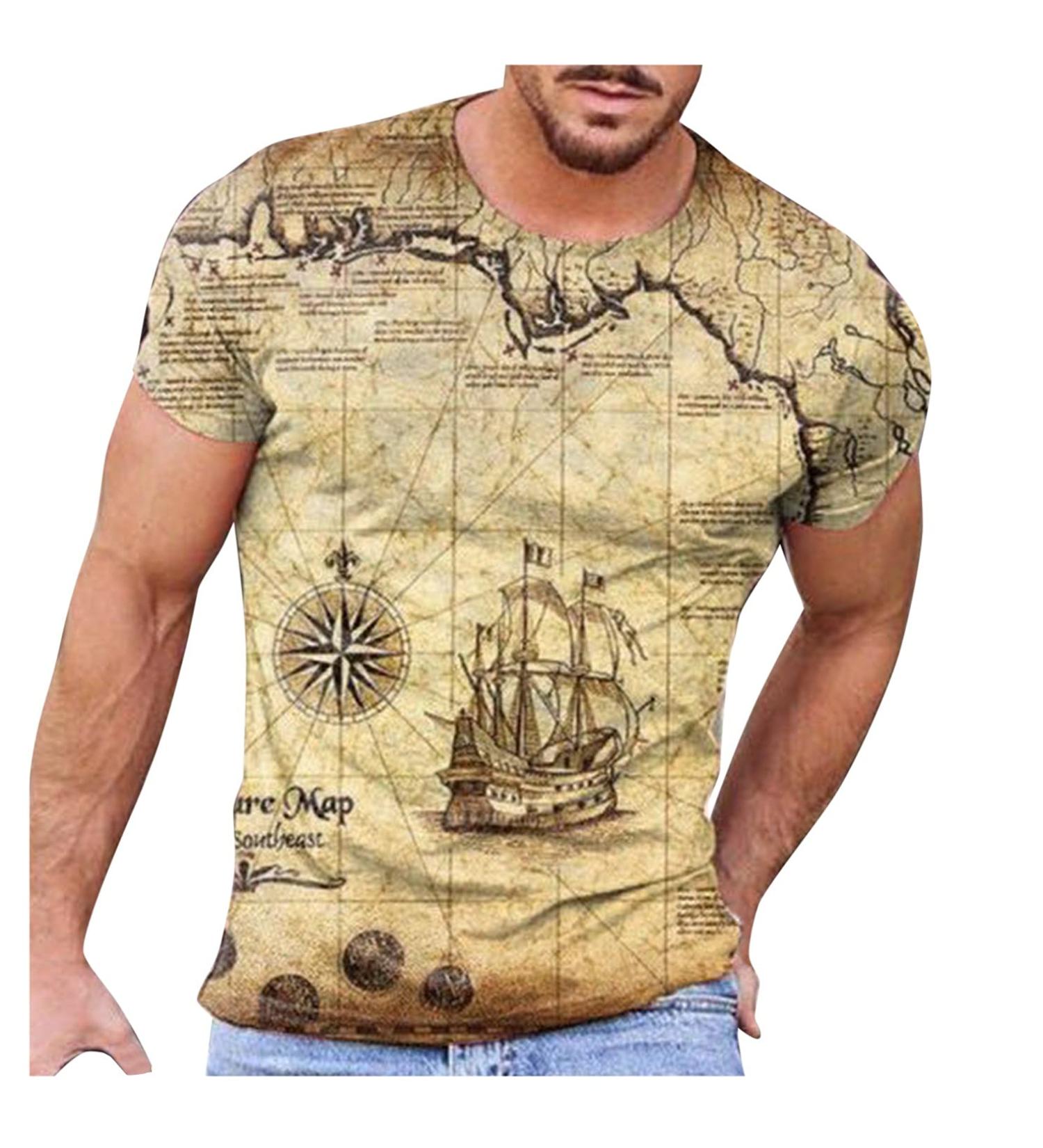 Photno Men's Retro Map Printed T-Shirt - Summer Casual O-Neck Tee in Medium Yellow - Buy Online on GoSupps.com