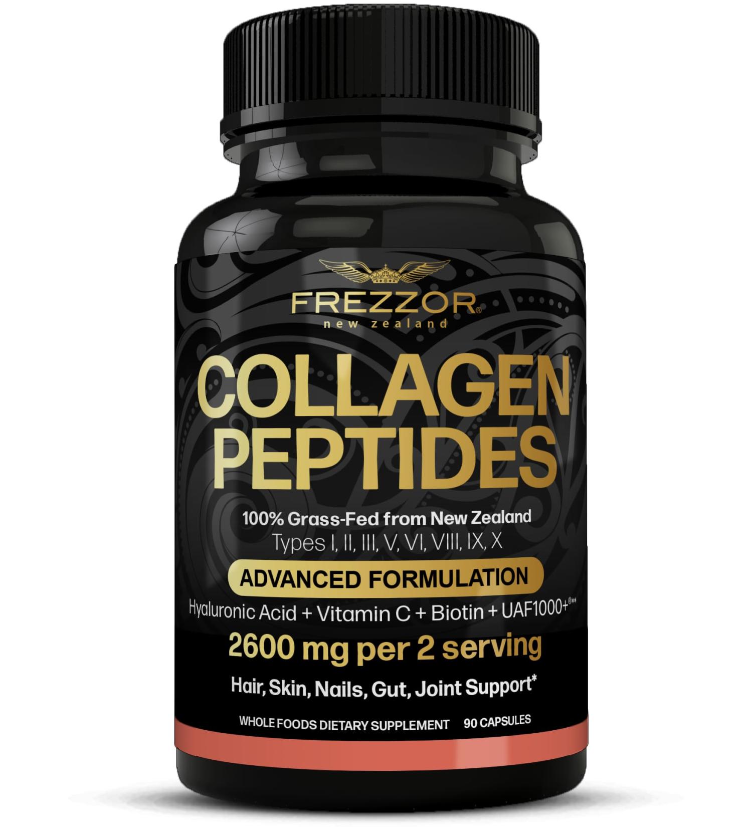 FREZZOR Collagen Peptides with UAF1000+ 100% Grass-Fed New Zealand Cattle Source Hydrolyzed Joint Skin Hair & Nail Support Amino Acids Anti-Aging 90 Capsules 1 Bottle