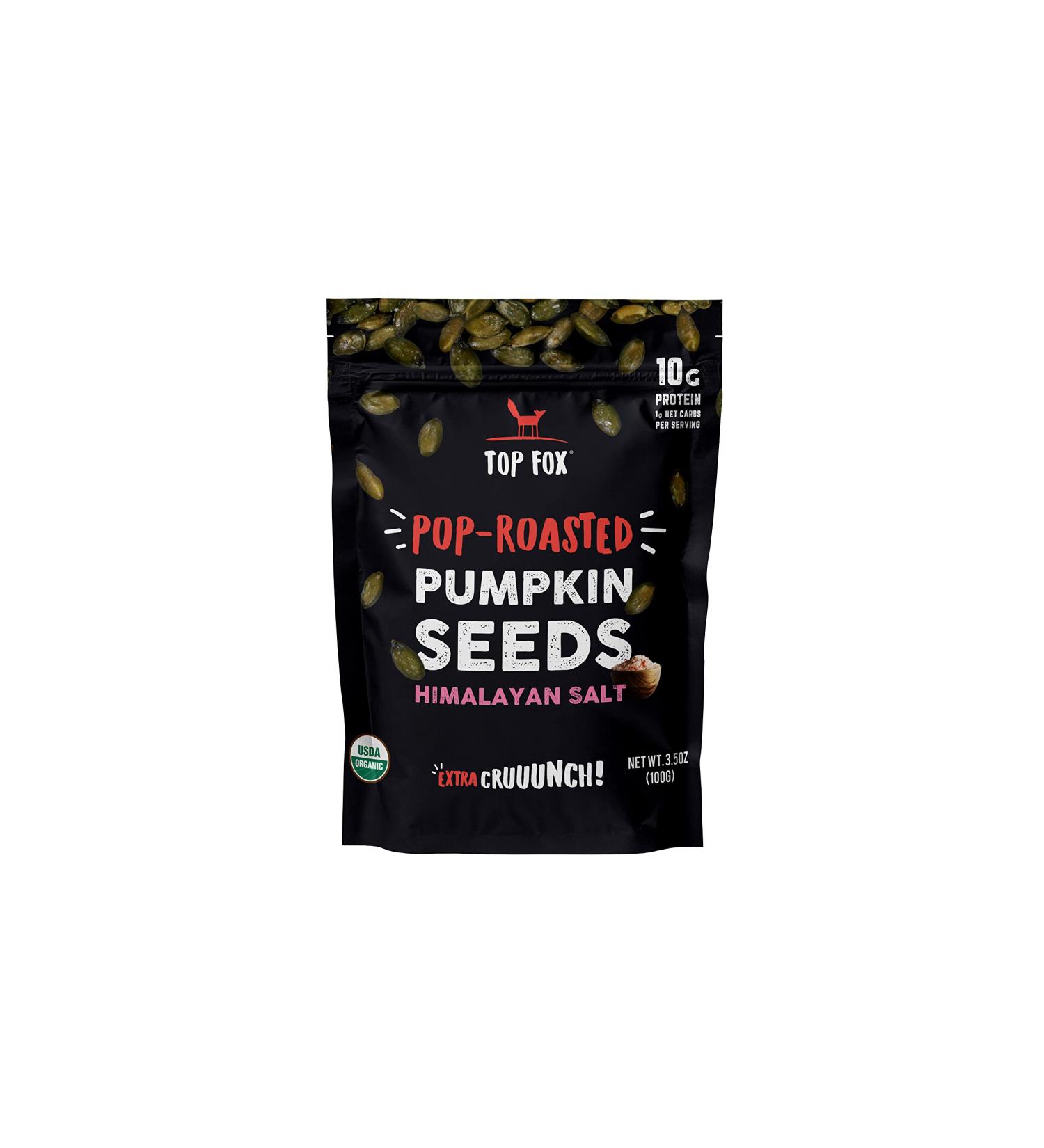 Top Fox Organic Pop-Roasted Pumpkin Seeds - Himalayan Salt 3.5 oz (2 Pack) | Gluten Free, Keto, Vegan Friendly - Healthy Protein Snacks - Buy Online on GoSupps.com