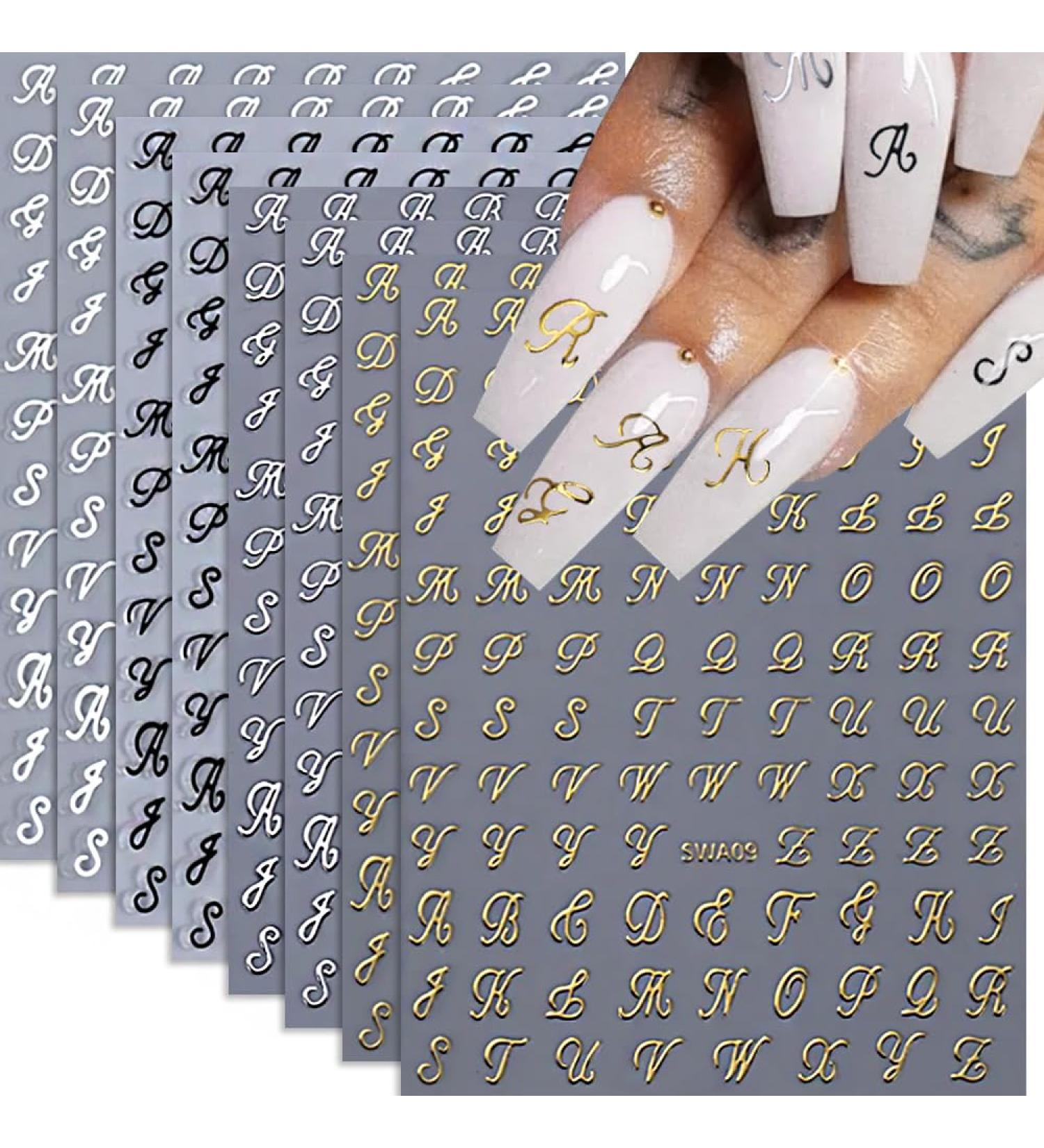 Letter Nail Stickers - 8 Sheets Old English 3D Decals | Retro Cursive Nail Art Accessories for Women & Girls - Buy Online on GoSupps.com