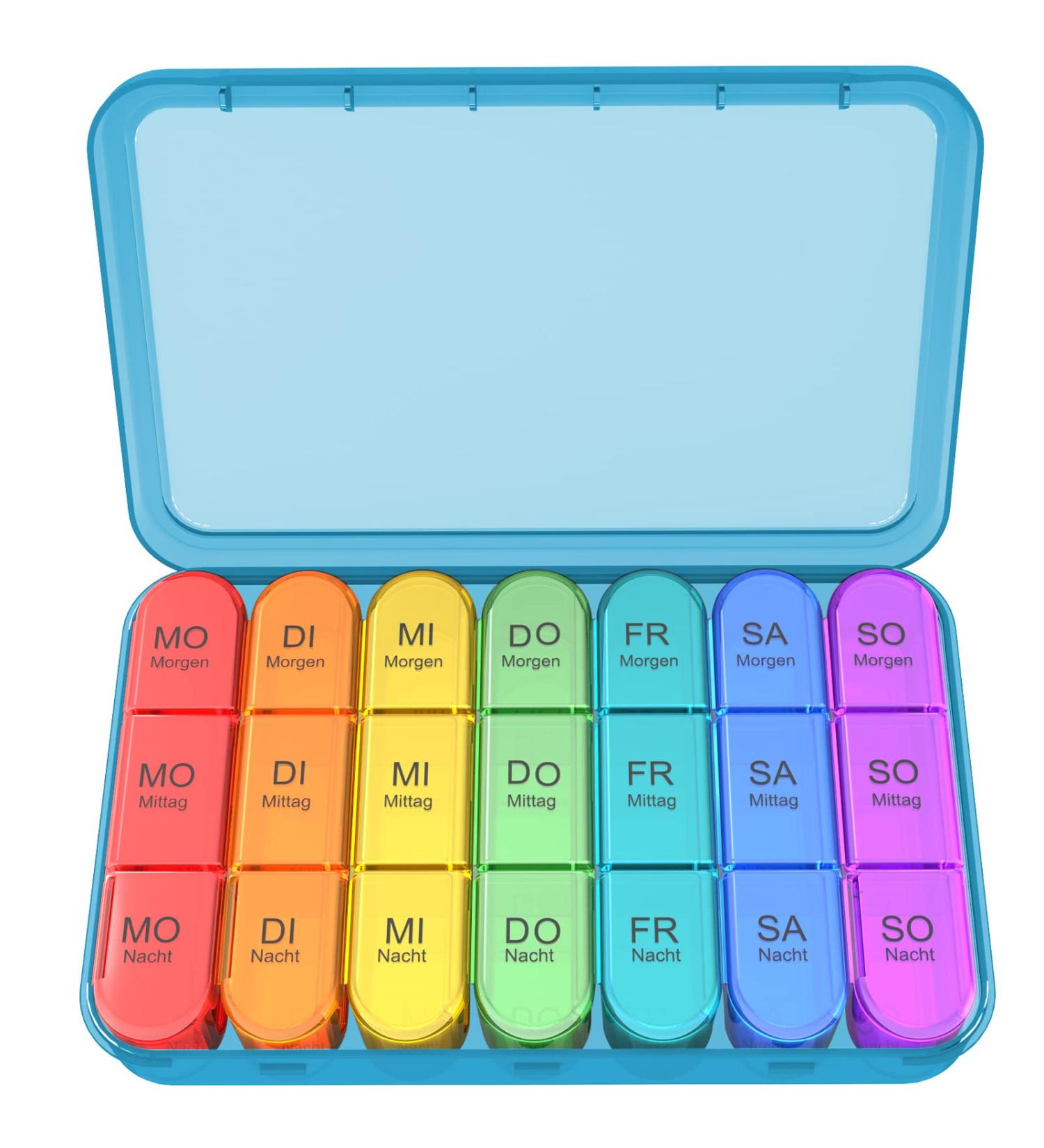 7-Day Pillbox with 3 Compartments | German Medication Organizer | 21 Compartment Tablet Box for Daily Use - Blue Housing - Buy Online on GoSupps.com