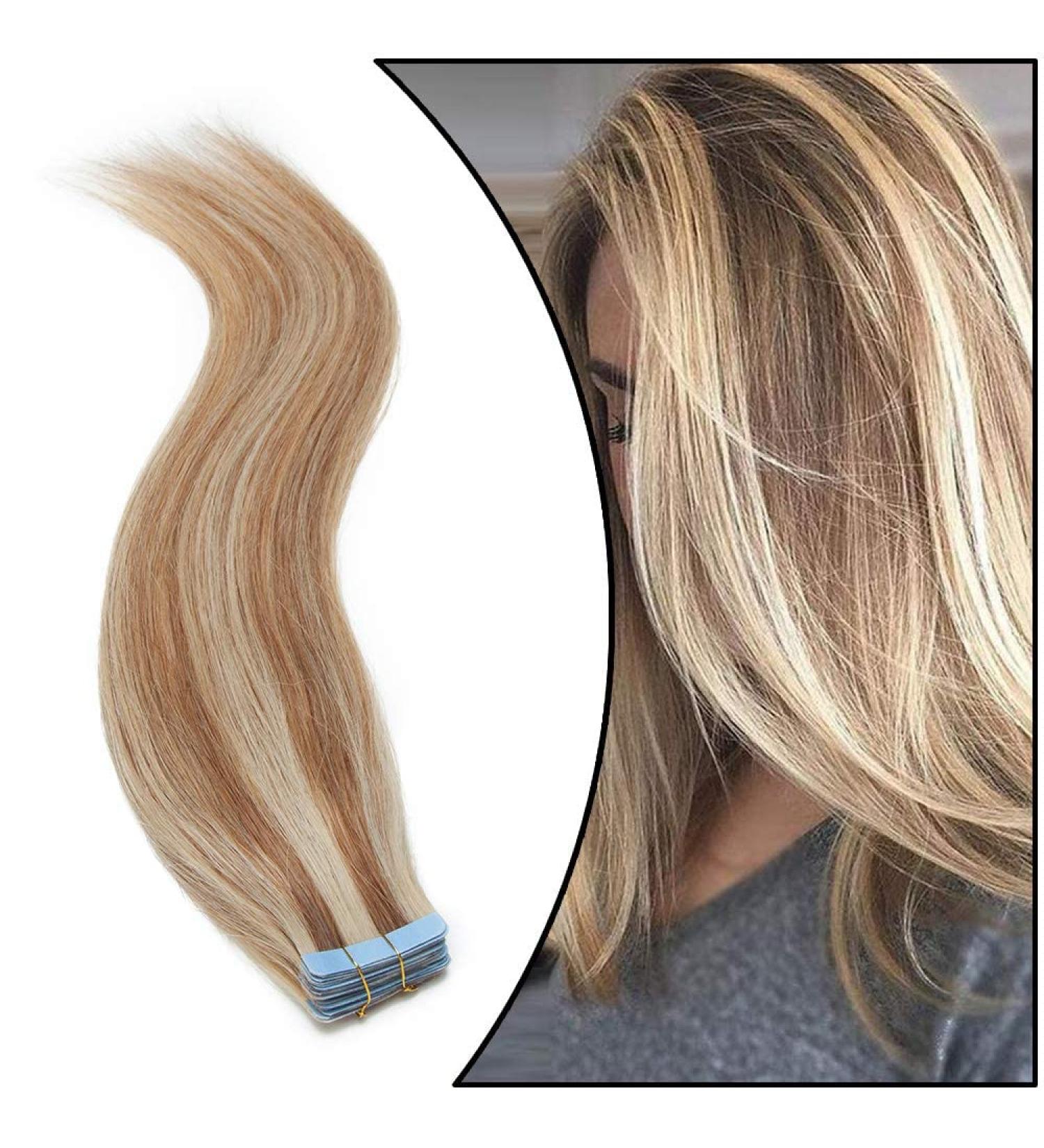 Elailite 20PCs Tape Extensions | Real Human Hair Remy 40cm - #12/613 Gold Brown & Blonde - Buy Online on GoSupps.com