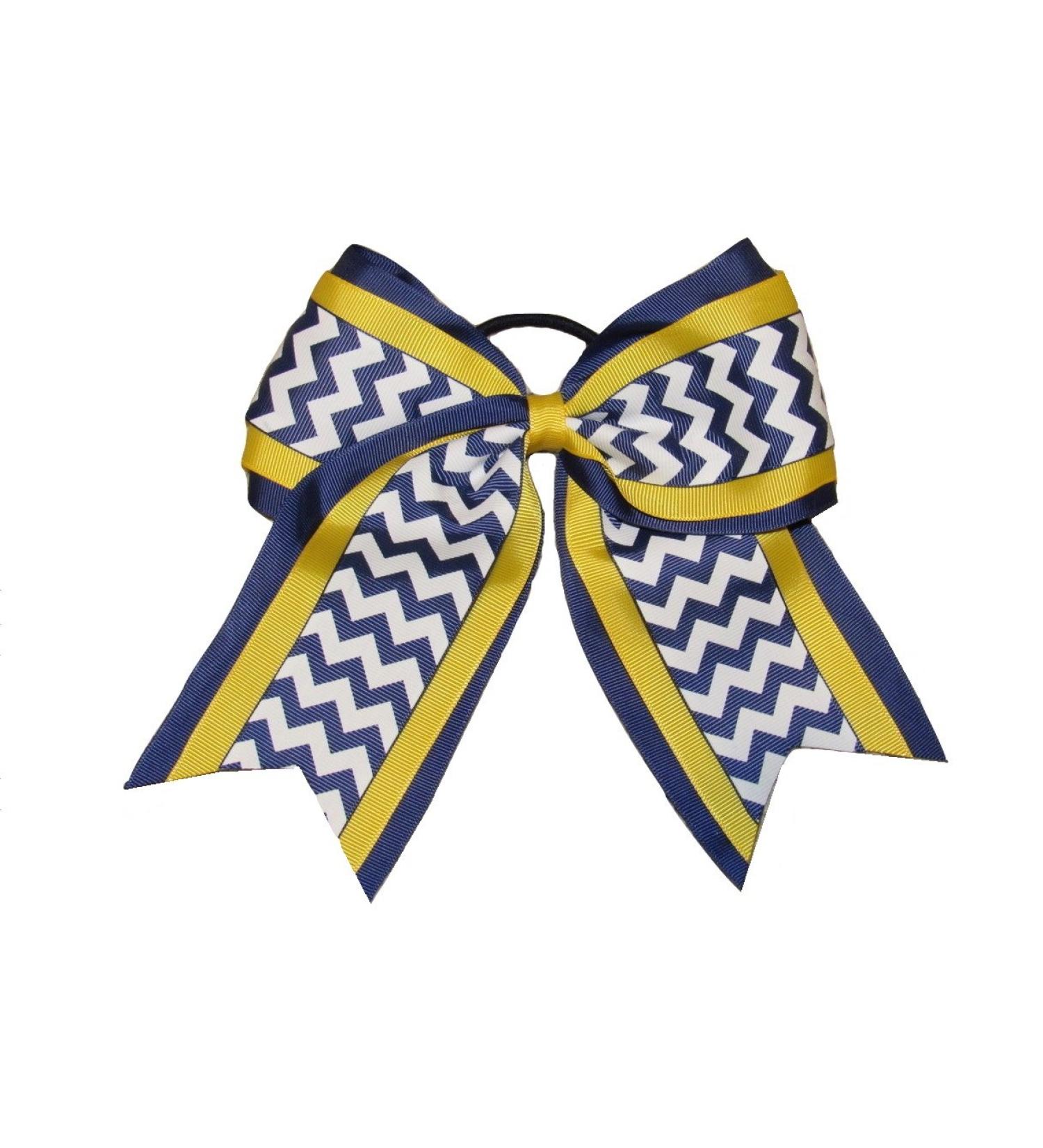 New "NAVY YELLOW CHEVRON" Cheer Hair Bow Pony Tail 7 Inch Girls Cheerleading Practice Football Games School Uniform Hairbow Competition Grosgrain Ribbon