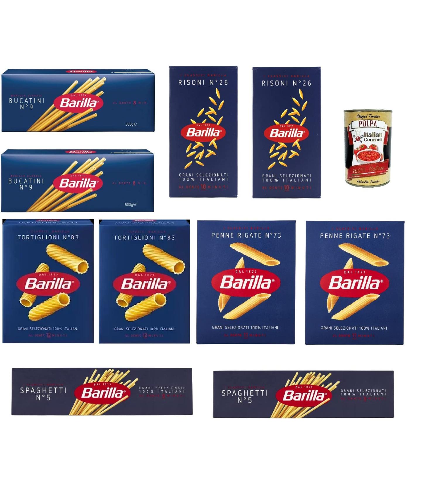 Italian Gourmet E.R. Barilla Essential Lot of 10 spaghetti Bucatini Penne rigate Risoni Tortiglioni 10 x 500 g + Polpa Gourme italienne 400 g - Buy Online on GoSupps.com