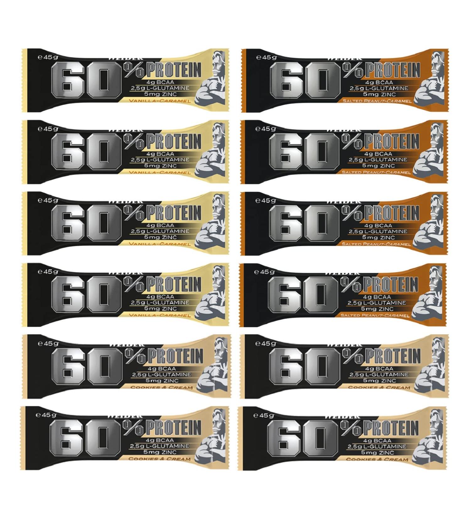  Weider Weider 60% Protein Bar (12 x 45g) - 3 flavors. With 60% protein per bar. With 4g of BCAA 2.5g of L-Glutamine and 5mg of Zinc - Buy Online on GoSupps.com