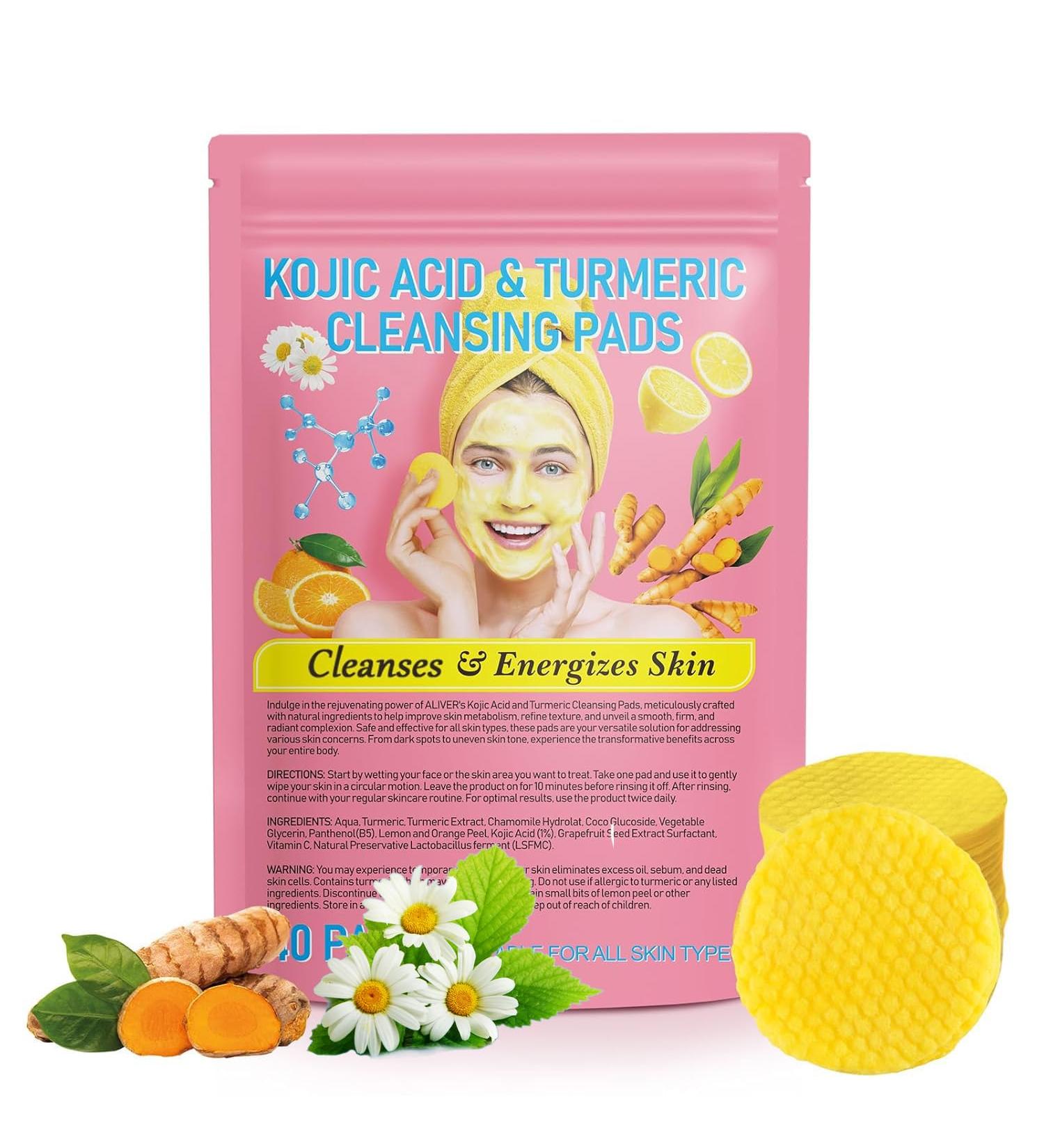 40 PCS Turmeric Kojic Acid Cleansing Pads | Exfoliating Dark Spot Treatment | Vitamin B5 & C Infused Facial Masks - Buy Online on GoSupps.com