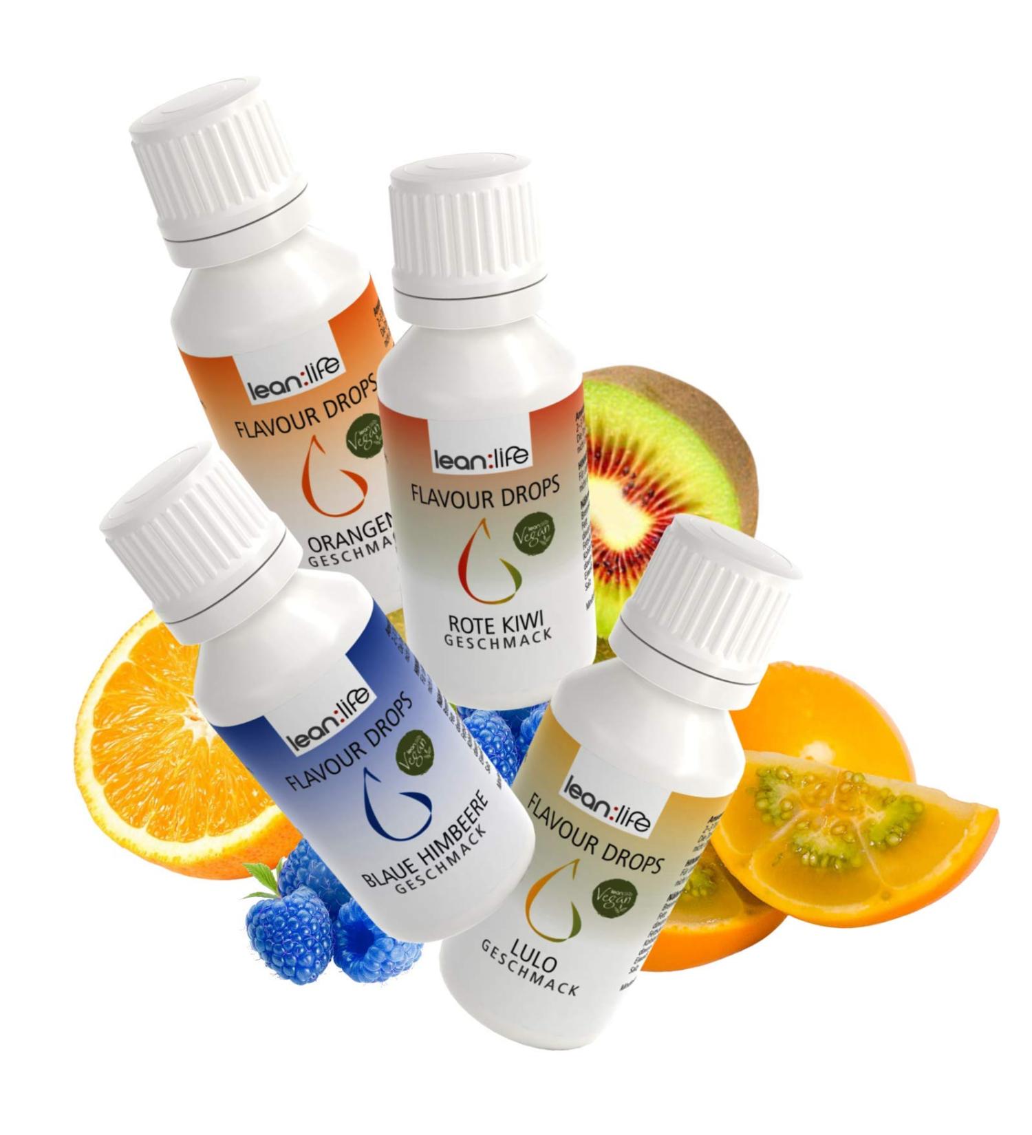 Lean Life Flavor Drops - Sugar-Free Low-Calorie 4-Pack Fruit Mix Aroma Drops (30ml Each) for Food Enhancements - Buy Online on GoSupps.com