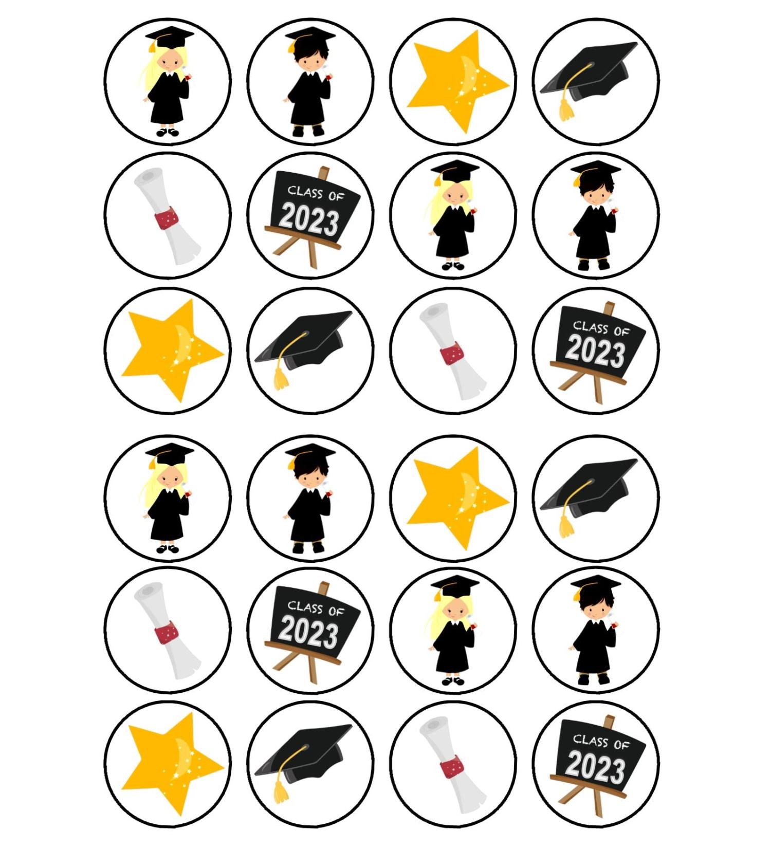 24 Graduation Mix Edible Cupcake Toppers - Premium Thickness SWEETENED VANILLA - wafer card disc cake decorations