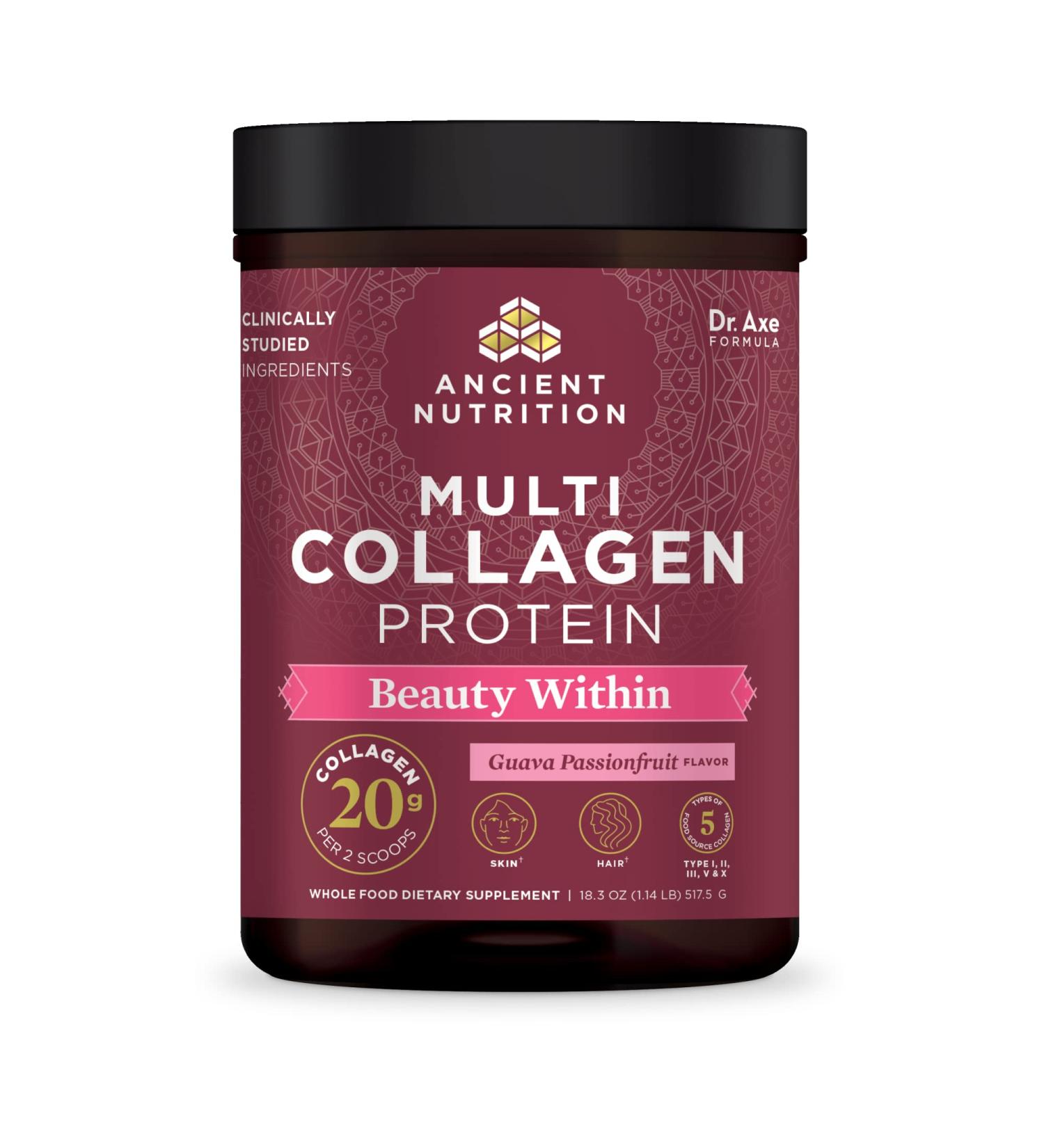 Dr. Axe Multi Collagen Protein - Beauty Within Guava Passionfruit | 1.15 lb - Ancient Nutrition - Buy Online on GoSupps.com