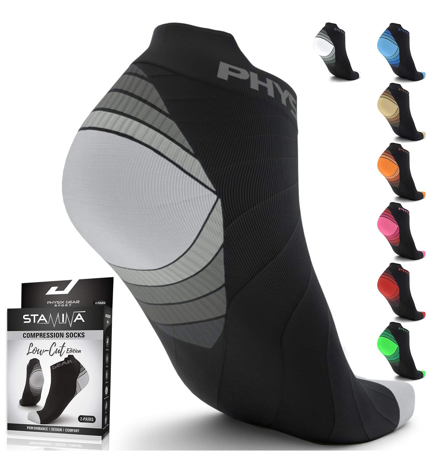 Physix Gear Sport Low Cut Compression Socks - Arch Support, Large-X-Large, Black/Grey (2 Pairs) - Buy Online on GoSupps.com