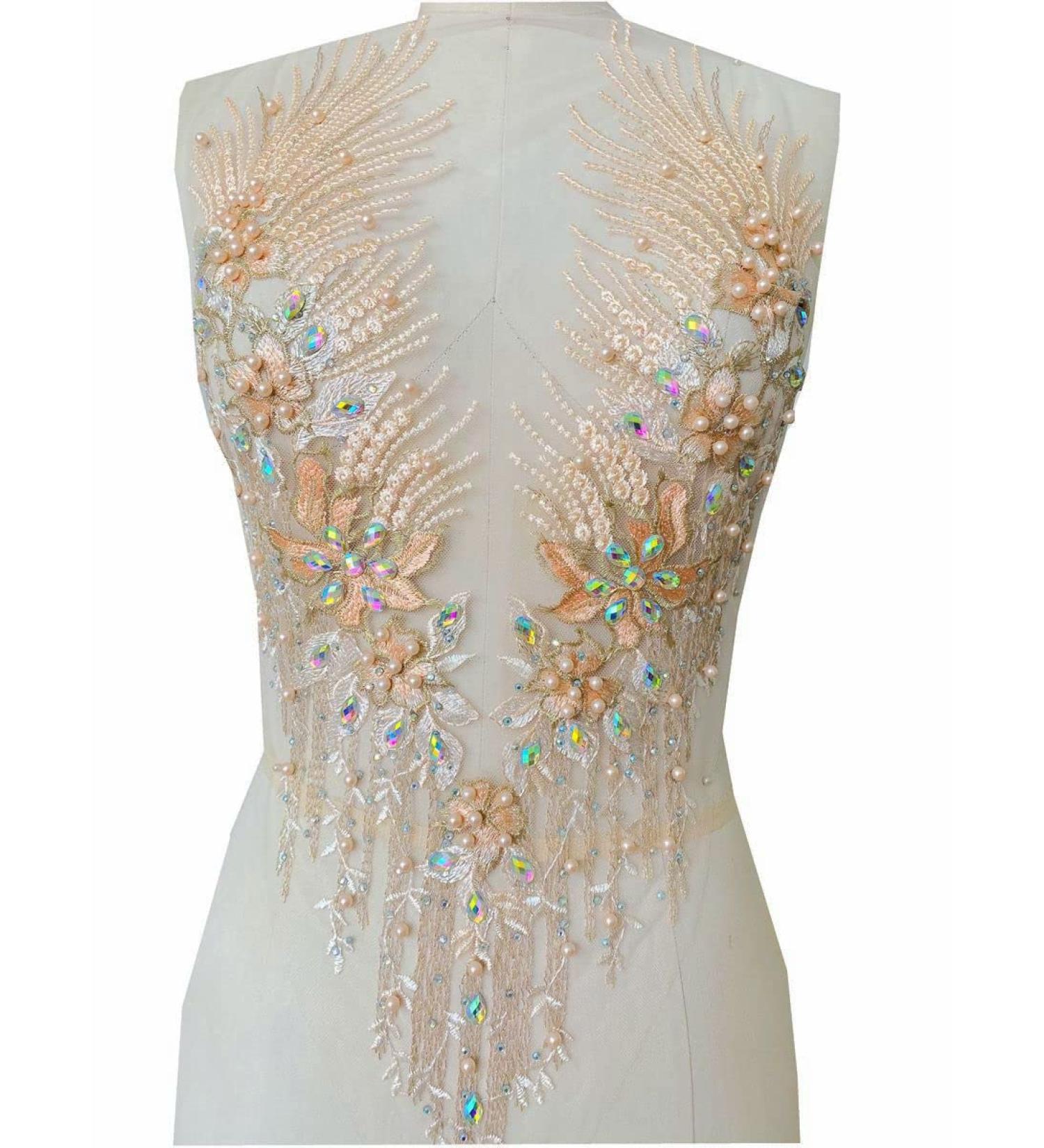 Handmade Rhinestone Lace Applique Crystal Trim Patch - Champagne - 60*33cm - Buy Online on GoSupps.com