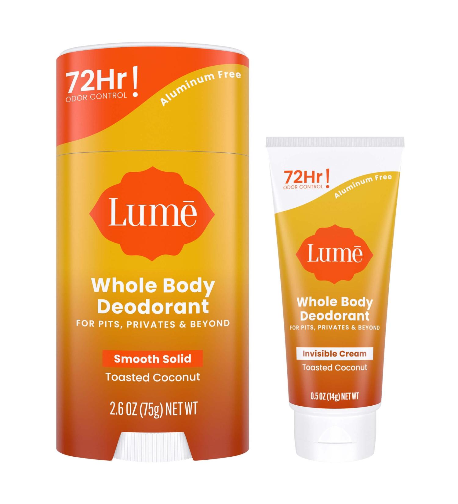 Lume Whole Body Deodorant - Invisible Cream Tube Mini and Solid Stick Bundle - 72 Hour Odor Control - Aluminum & Baking Soda Free Skin Loving (Toasted Coconut) - Buy Online on GoSupps.com