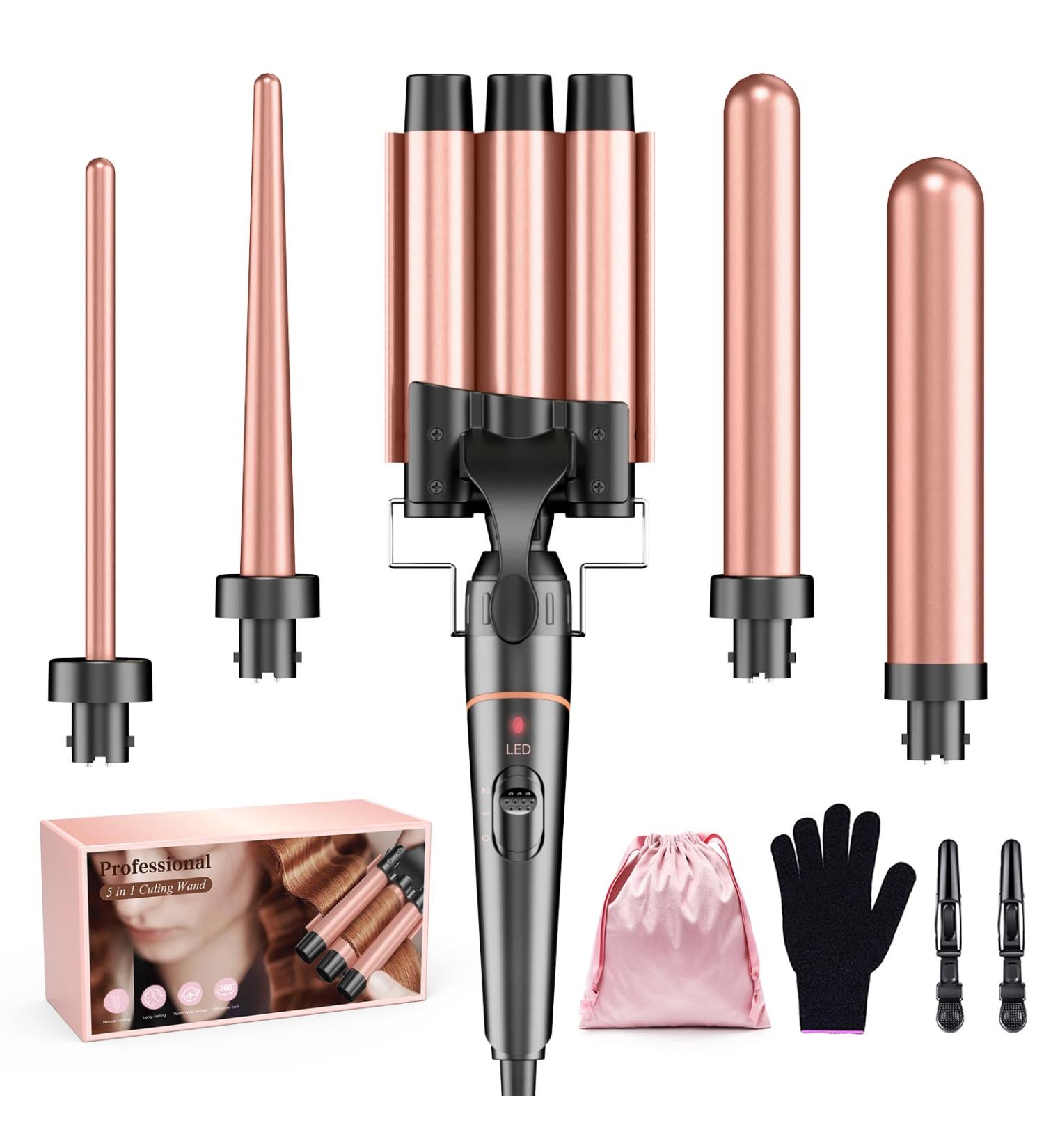 Locken Bars 3 Barrels Curling Iron Set - 5 in 1 Adjustable Temperature Ceramic Curlers with Fast Heating Glove & Clips - New Rose Gold for Large Petropes - Buy Online on GoSupps.com