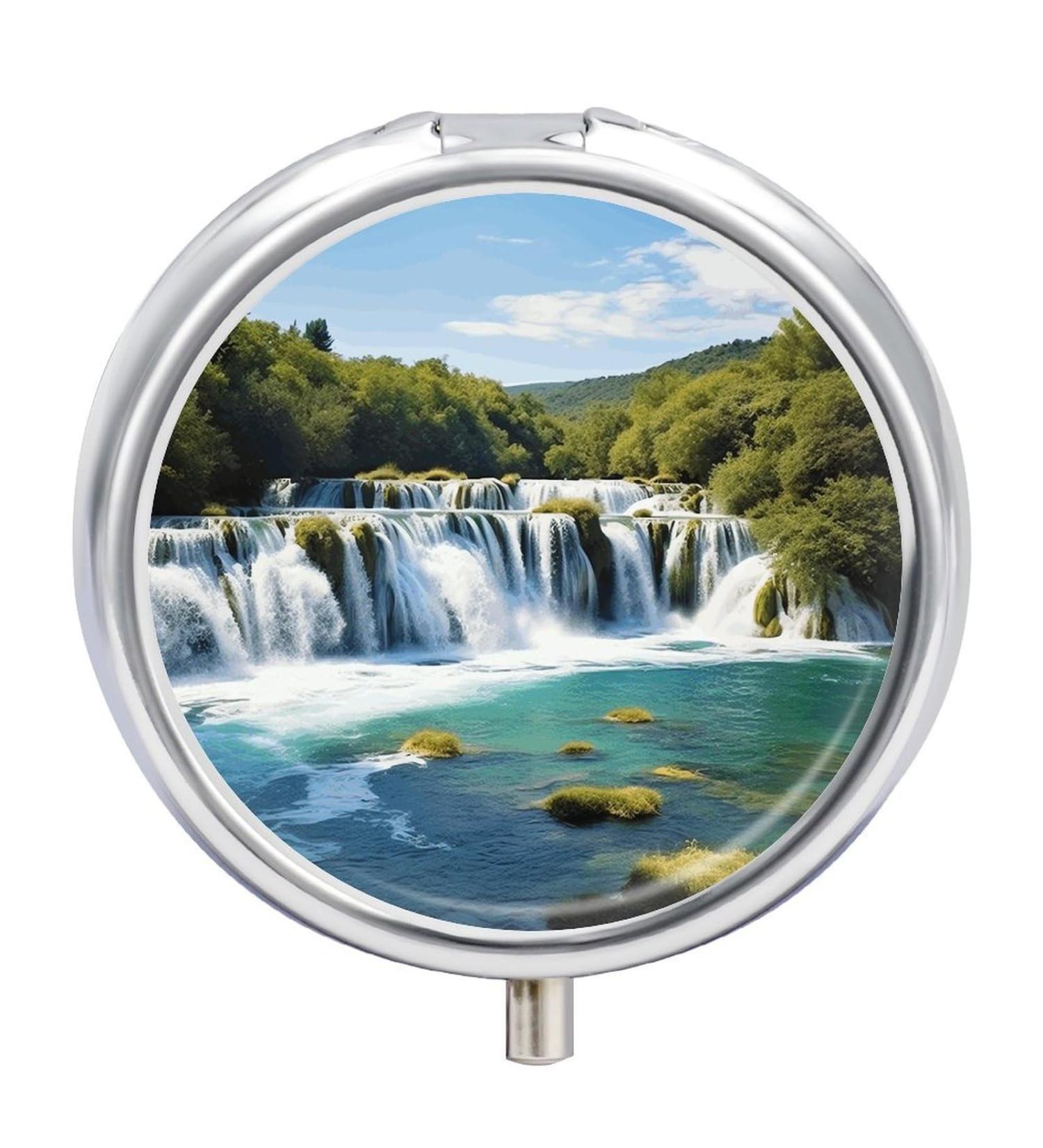 Round Pill Box - Krka River Waterfalls Print | 3 Compartment Medicine Organizer | Decorative Portable Pocket Pill Case - Buy Online on GoSupps.com