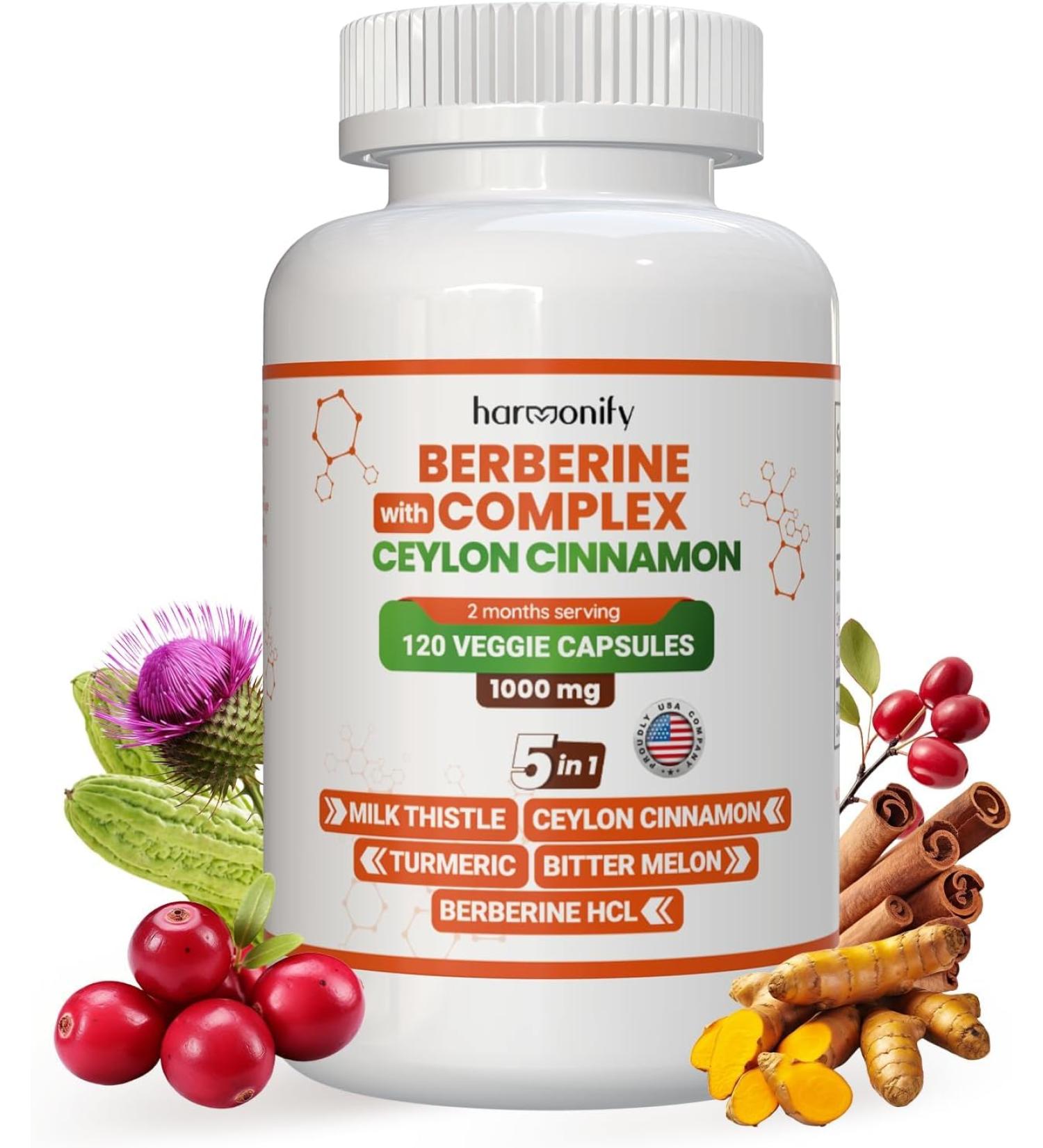 HARMONIFY Berberine Supplement with Ceylon Cinnamon Milk Thistle Turmeric Bitter Melon Complex 120 Capsules 1000 mg Vegan Non-GMO - Buy Online on GoSupps.com