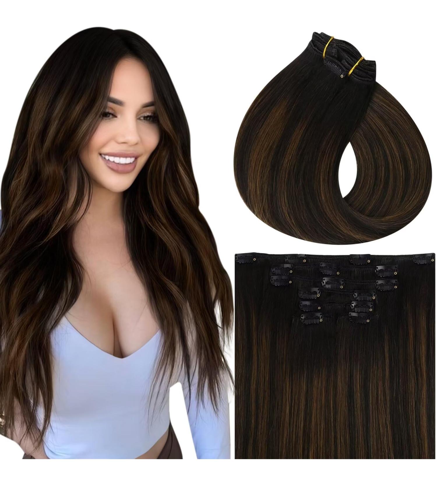 Vivien Clip-In Extensions | Remy Real Hair - Natural Black to Medium Brown Ombre | 18 Inch 120g 7pcs #1B/6/1B - Buy Online on GoSupps.com