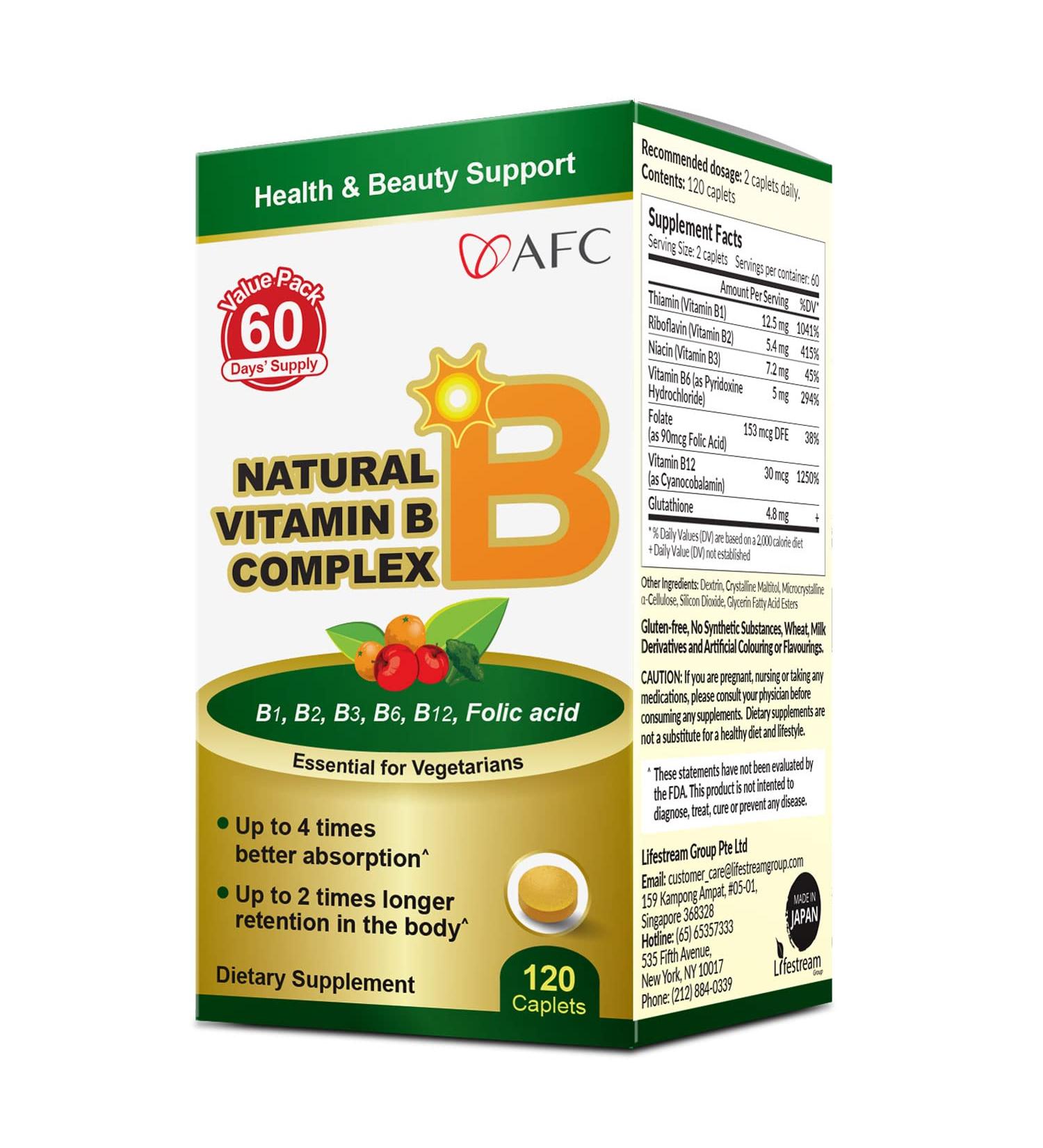 AFC Japan Natural Vitamin B Complex with B1, B2, B3, B6, B12, Folic Acid & Glutathione Yeast Extract, No Synthetics, Non-GMO, Supplement for Stress, Energy, Immune & Nervous System,120 Vegan Caplets