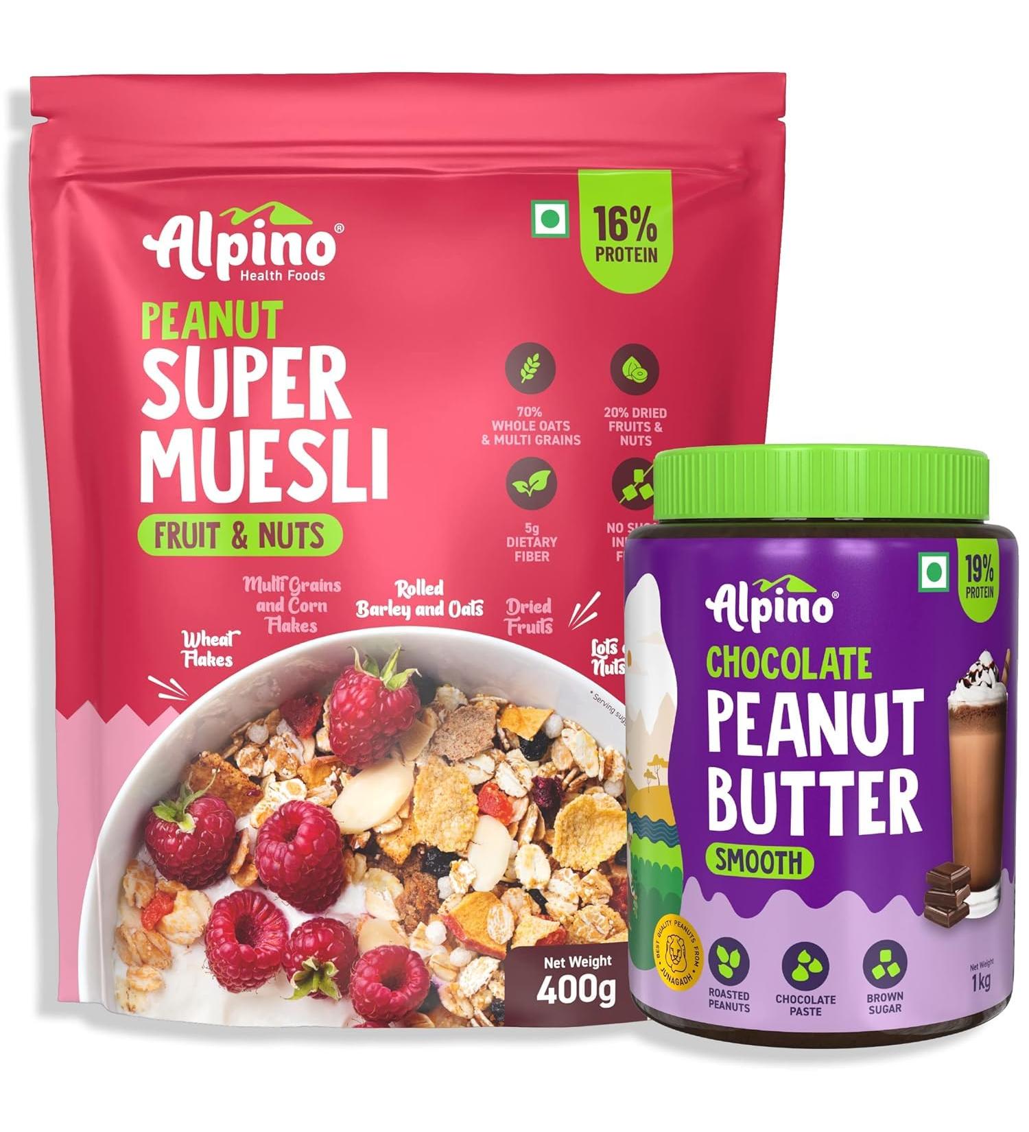 ALPI NO Breakfast Combo - Museli Fruit and Nut 400g & Chocolate Peanut Butter Smooth 1kg - Buy Online on GoSupps.com