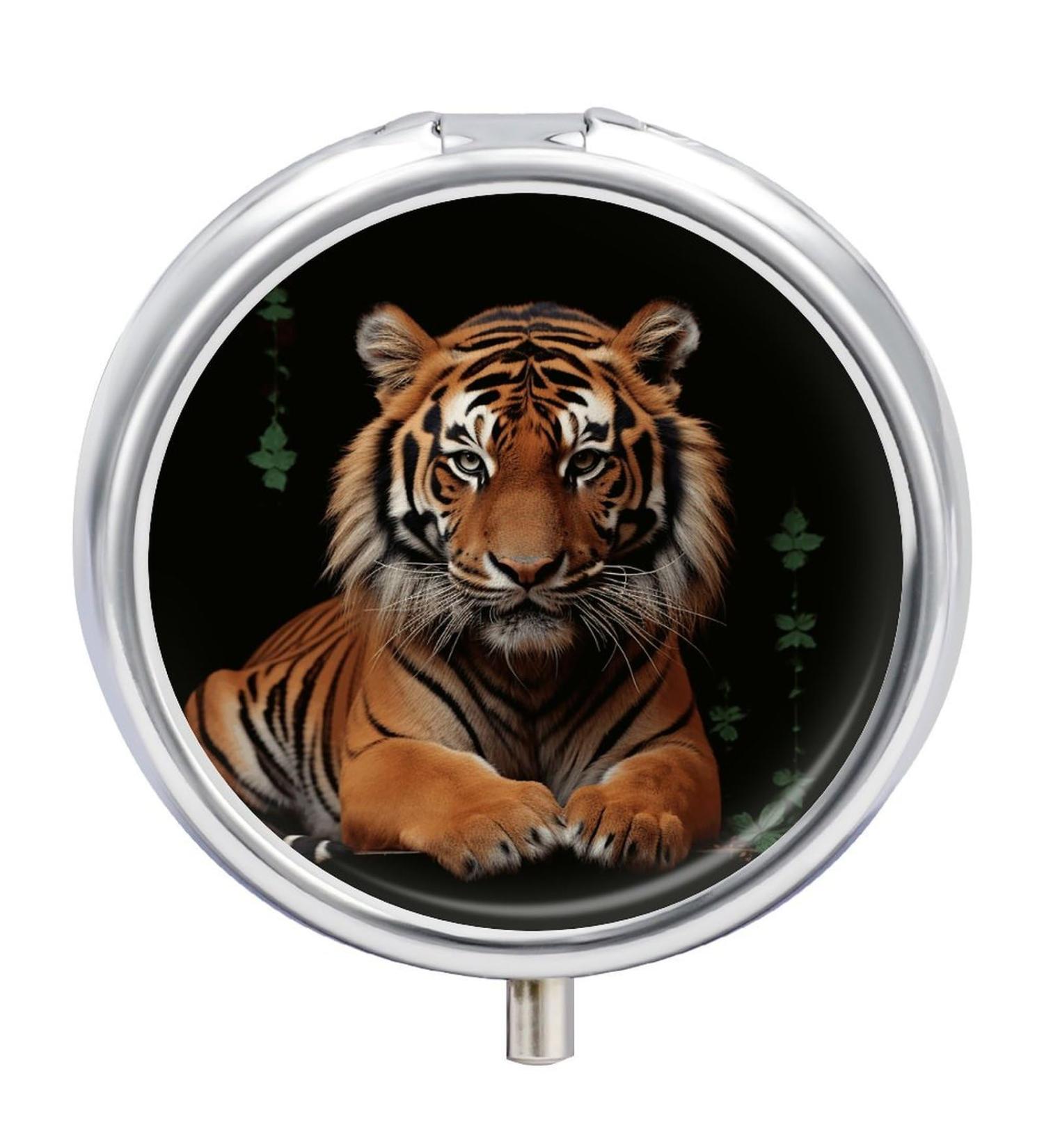 Round Tiger Print Pill Box | 3 Compartment Metal Pill Organizer | Portable Decorative Medicine Case - Buy Online on GoSupps.com