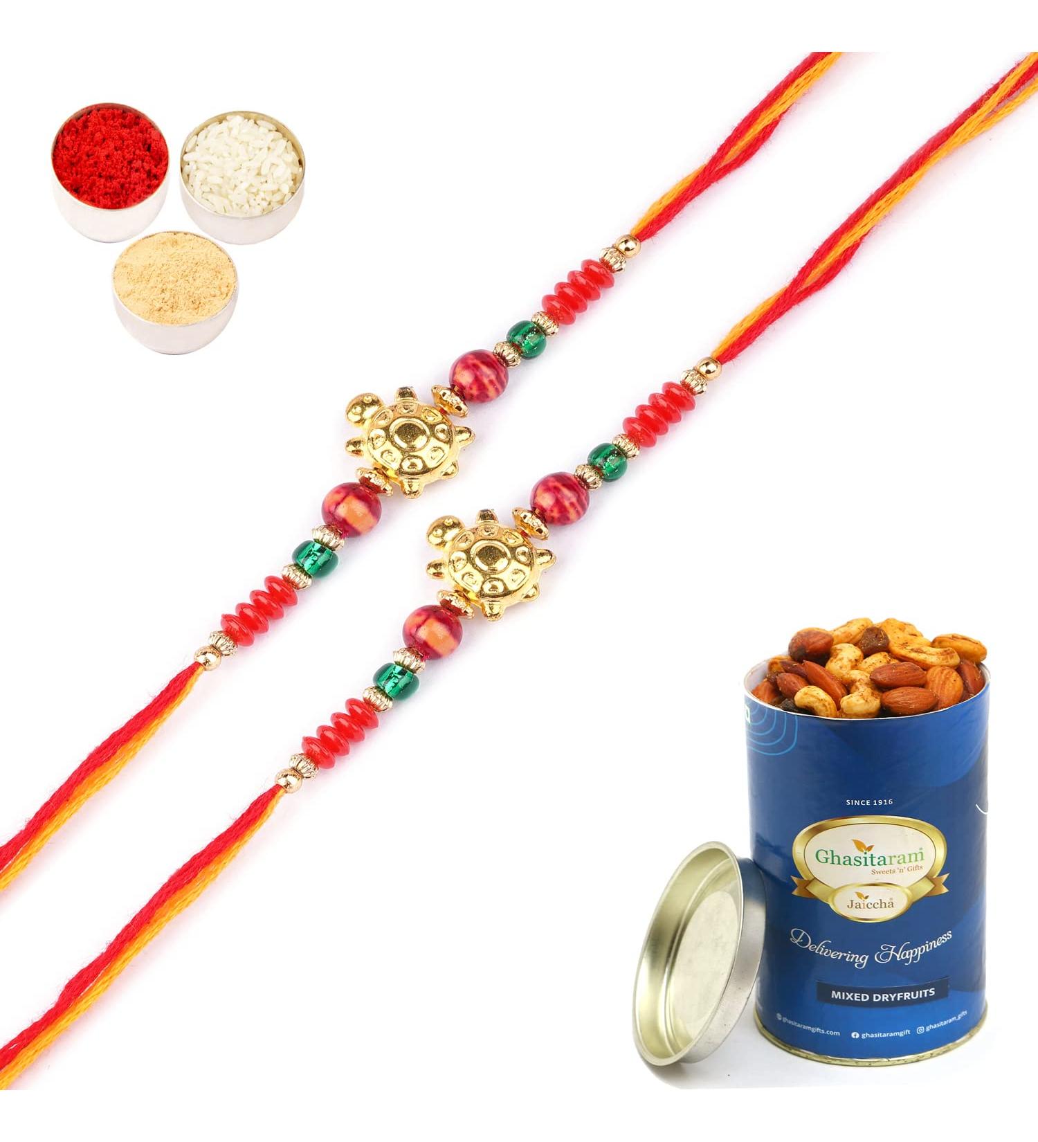 Ghasitaram Gifts Rakhis Online for Brother- Set of 2-6059 Rakhi Thread with 100 GMS of Dryfruits Mix Can 2 Rakhi with 100 gms of Dryfruits Mix Can - Buy Online on GoSupps.com