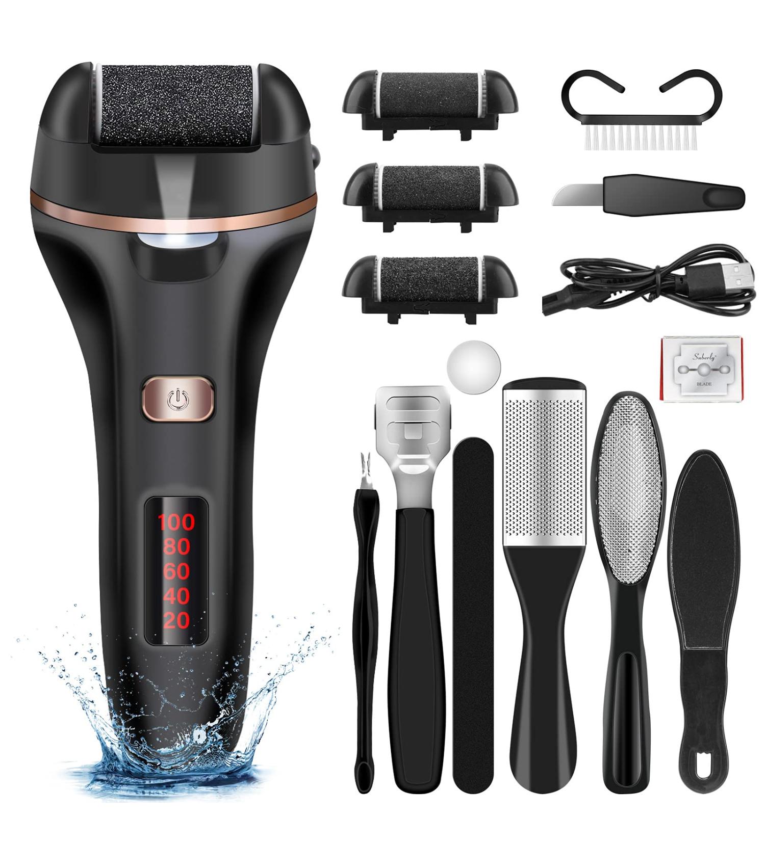 Rechargeable Electric Foot File Callus Remover Kit - Professional Pedicure Tool with 3 Roller Heads and LCD Display - Buy Online on GoSupps.com
