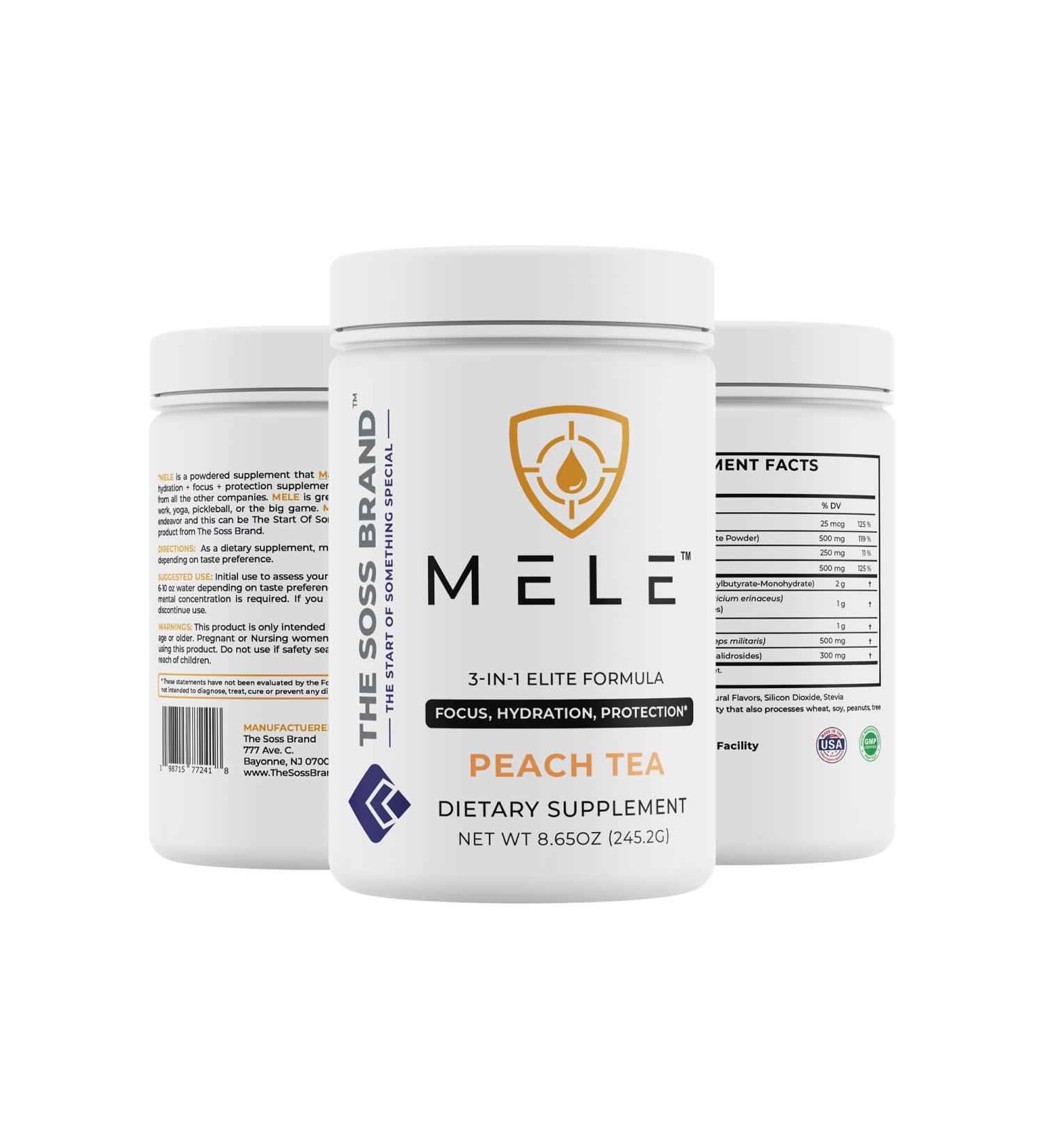 The Soss Brand Mele 3-in-1 Focus Hydration Anit-Catabolic Lions Mane Cordyceps Mushroom rhodiola HMB Electrolytes 20 Serving Peach Tea