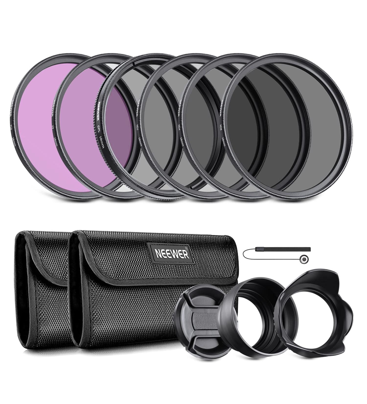 NEEWER 58mm Lens Filter Kit UV CPL FLD ND2 ND4 ND8 Lens Hood & Cap for Canon Nikon Sony Panasonic DSLR - Buy Online on GoSupps.com