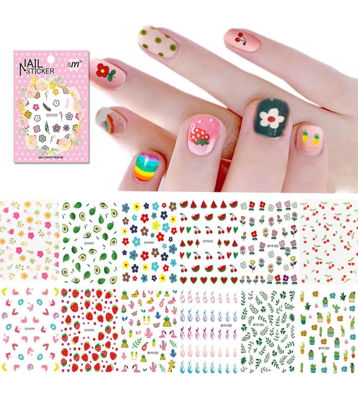 WOKOTO 12 Sheets Kids Nail Stickers - Self-Adhesive 3D Nail Art Decals for Girls, Women - Cute Carton Flowers, Animals, Fruits - Nail Decals KIT1 - Buy Online on GoSupps.com