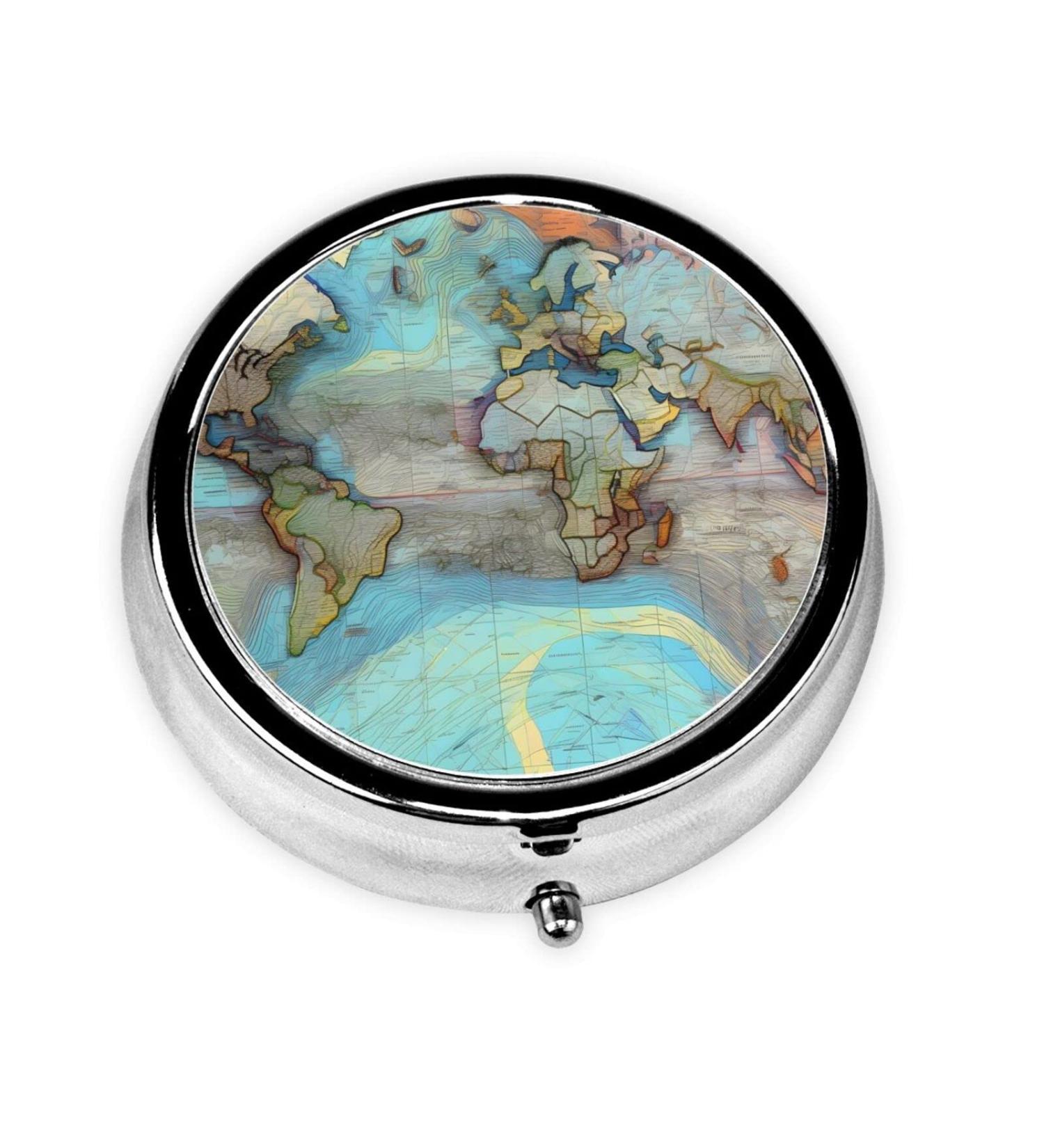 Cartoon World Map Round Pill Box | 3 Compartment Travel Organizer | Portable Pill Box for International Travel - Buy Online on GoSupps.com