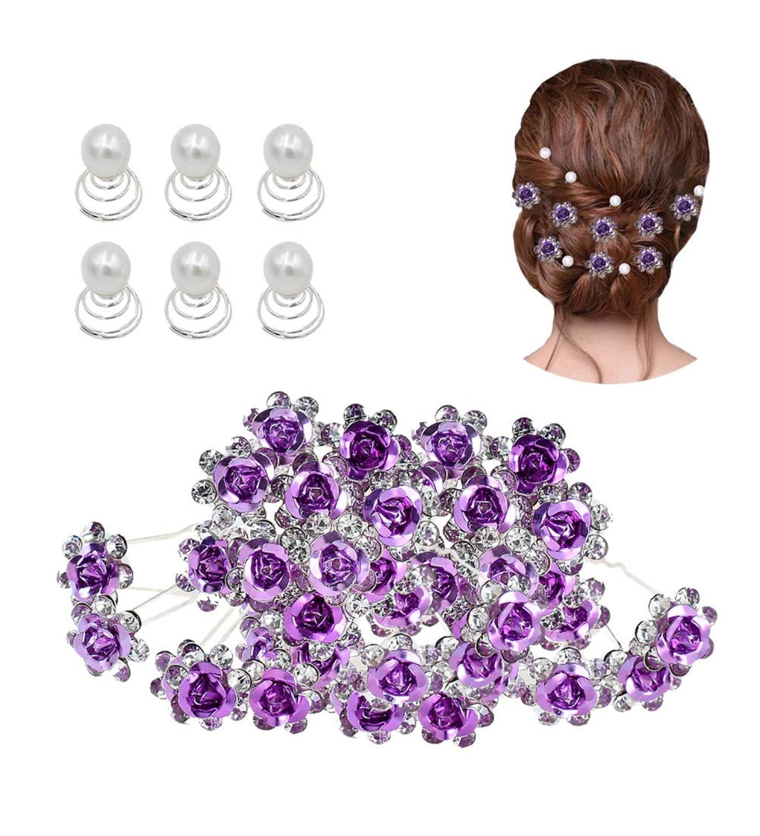 40pcs Rhinestone Rose Flower Hair Pins & 6pcs Pearl Twist Headpiece Set in Gift Box - Purple Bridal Wedding Accessories for Women and Bridesmaids | inSowni - Buy Online on GoSupps.com