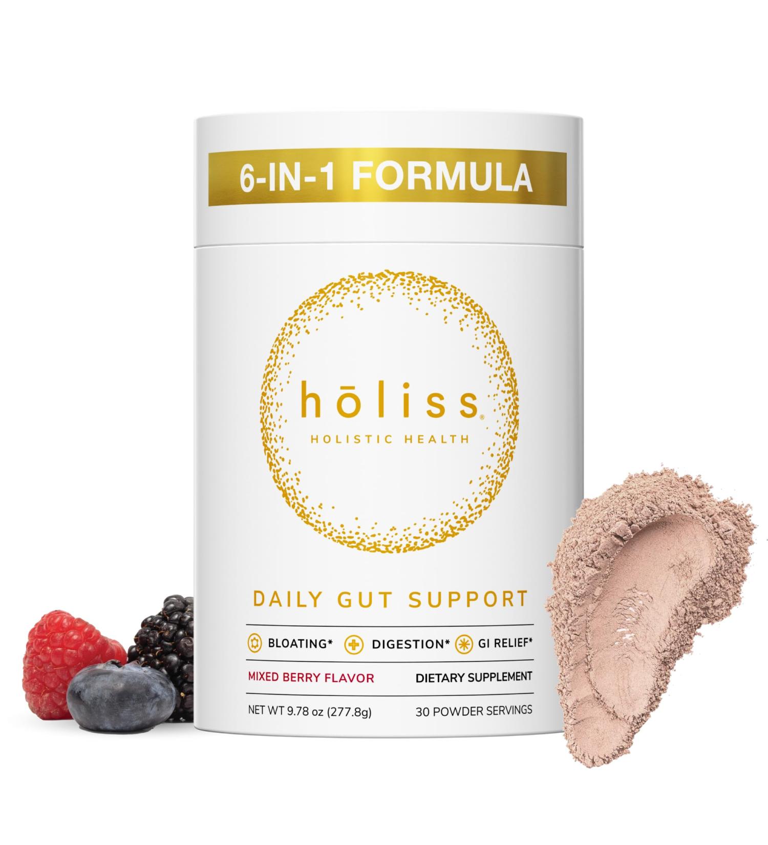 HOLISS Daily Gut Health Powder 6-in-1 All Natural Supplement, Slippery Elm, L Glutamine, Lemon Balm with PepZinGI - Bloat & Gas Relief, GI Lining Repair, IBS Support - Mixed Berry, 30 Servings - Buy Online on GoSupps.com