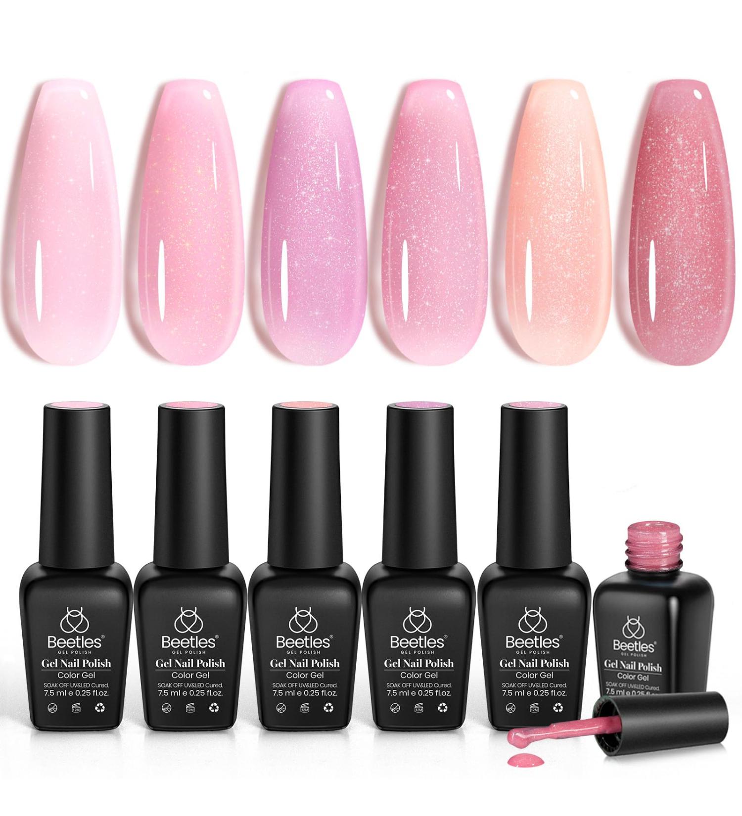 Beetles 6pcs Jelly Glitter Gel Polish Set - Nude Pink Manicure, Soak Off UV LED Cured Shimmer Colors - DIY Nail Art Salon Quality - Buy Online on GoSupps.com
