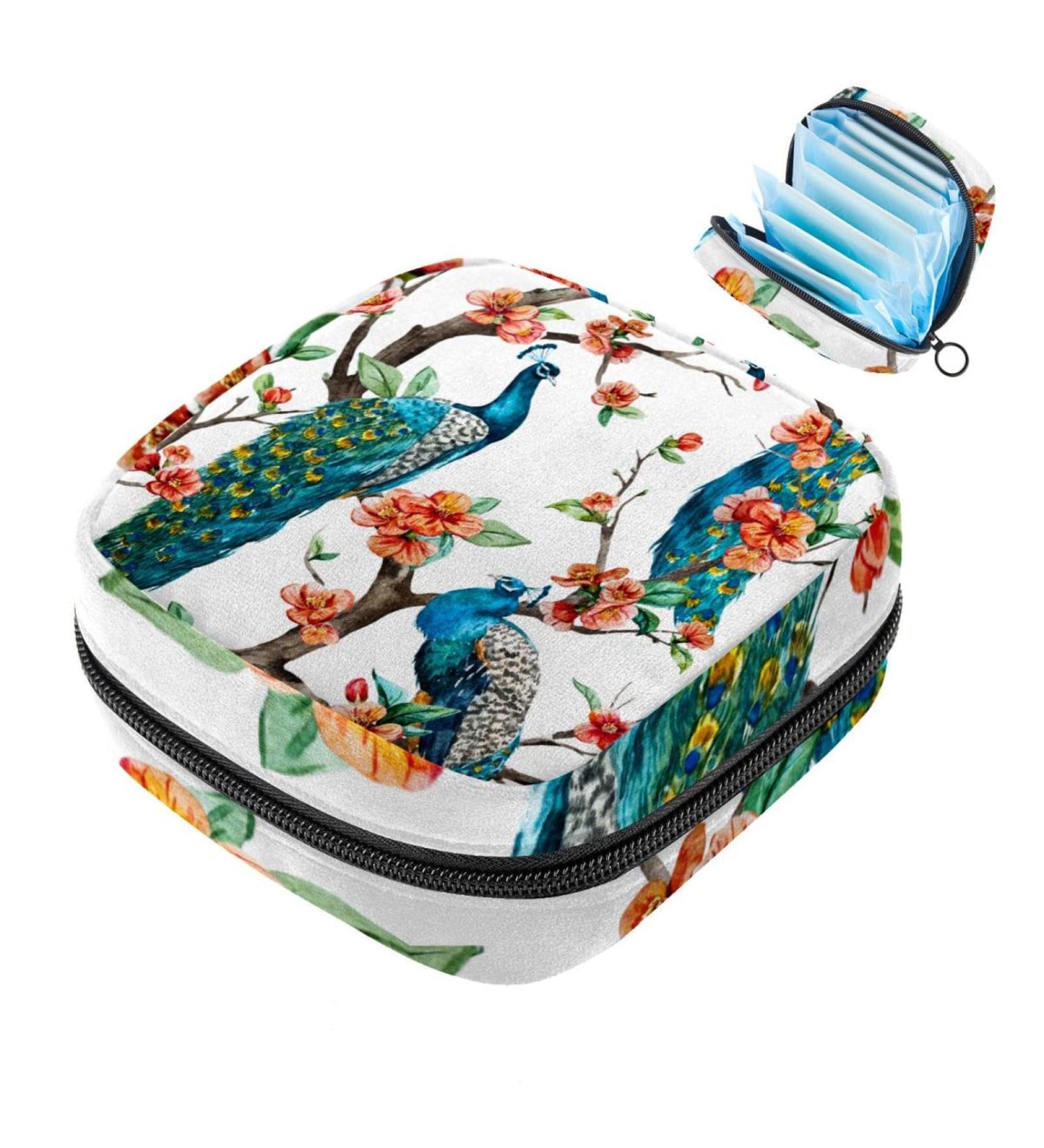 Beautiful Green Storage Bags for Women's Bandages - Peacock Tree Motif Large Menstrual Cup Pocket with Zipper Perfect for Pads Panty Liners and Tampons - Multi-Colored - Buy Online on GoSupps.com