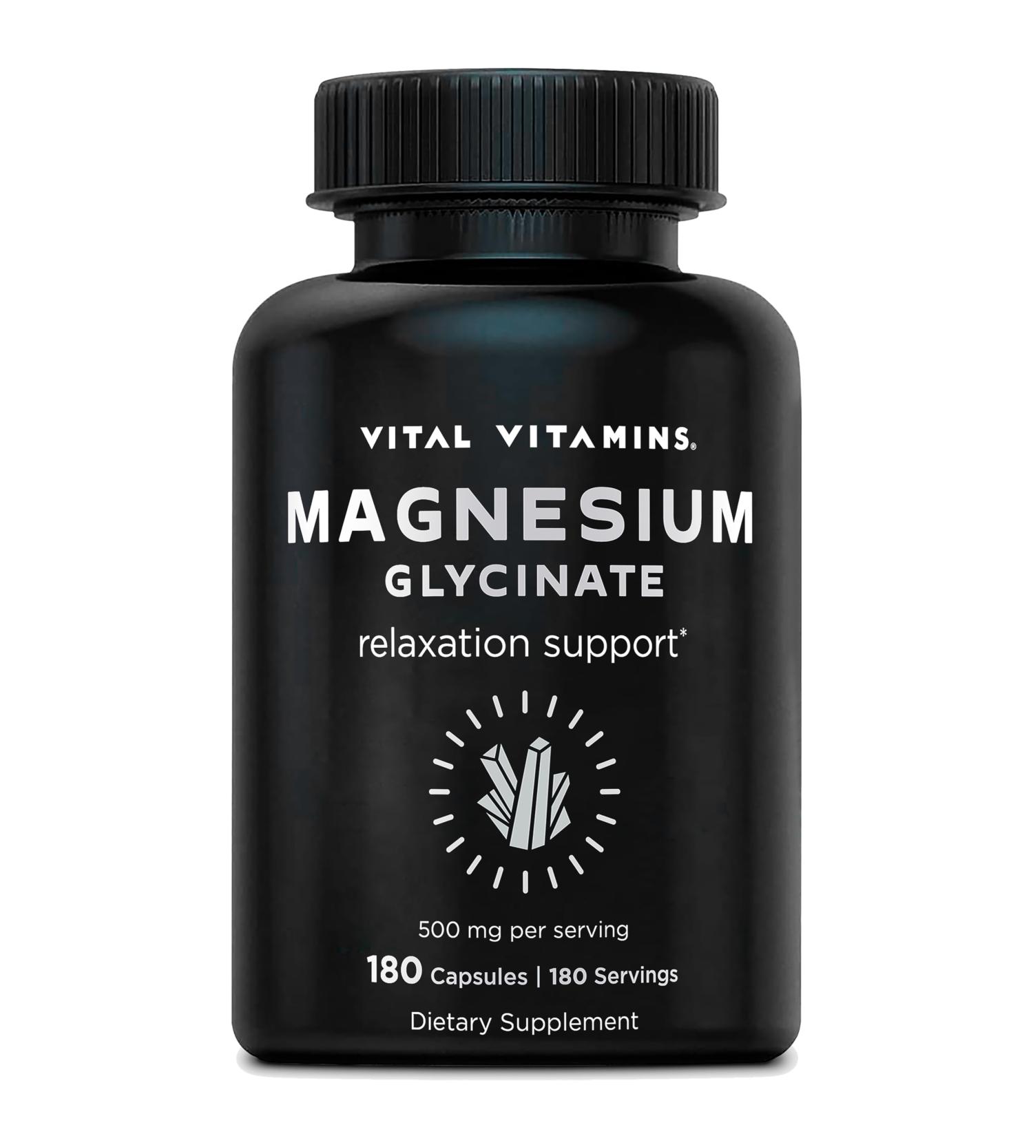 Vital Vitamins Magnesium Glycinate 500mg - High Absorption Formula - Promotes Relaxation Calmness & Restful Sleep - Pure Magnesium Supplement for Men & Women - 180 Capsules Vegan Non-GMO 180 Count (Pack of 1) - Buy Online on GoSupps.com