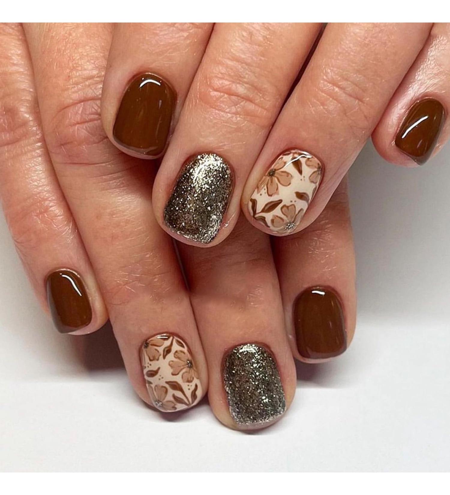 Fall Press On Nails - Short Glitter & Flower Designs - 24 Pcs Red Brown Acrylic - Glue-On Fake Nails for Women - Buy Online on GoSupps.com