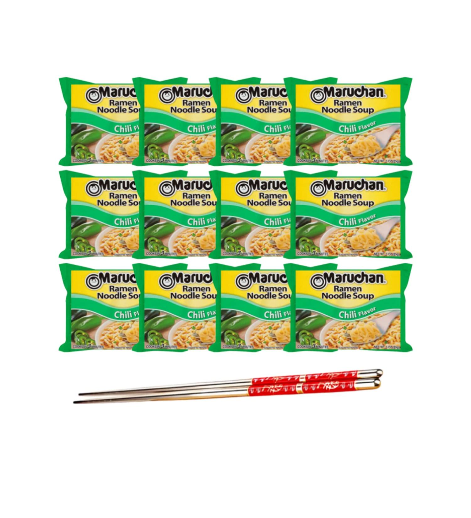 Ja Cor Instant Ramen Noodle Soup Chili Flavor Noodles Bulk Pack 3 oz Package Bundle with 1-Set of Reusable Stainless Steel Chopsticks (12 Individual Packs) - Buy Online on GoSupps.com