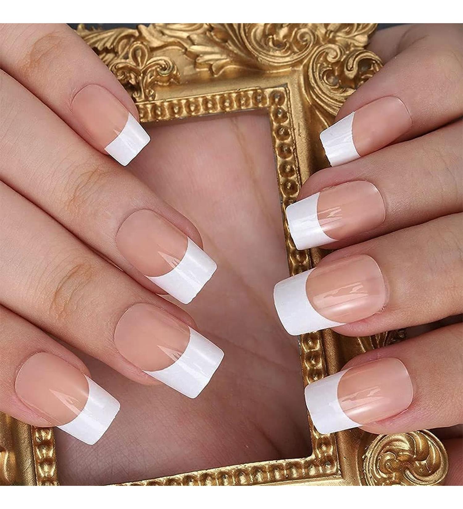 Brinote Square False Nails Nude Medium Length French Fake Nails - 24Pcs Full Cover Acrylic Press on Nails for Women and Girls - Buy Online on GoSupps.com