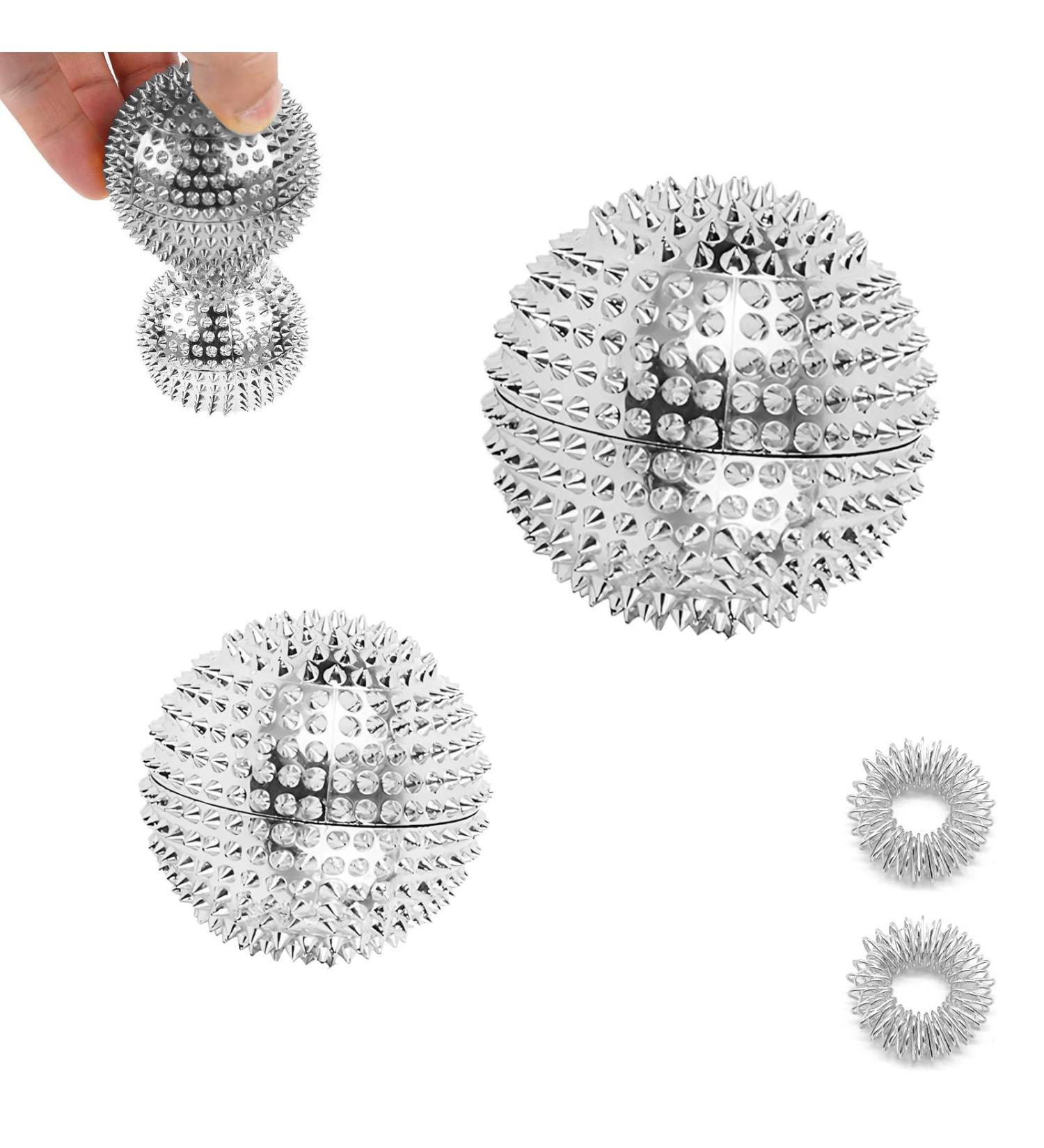 Magnetic Massage Ball & Acupressure Ring Set - 2 Hedgehog Balls & 3 Massage Rings for Stress Relief - Silver - Buy Online on GoSupps.com