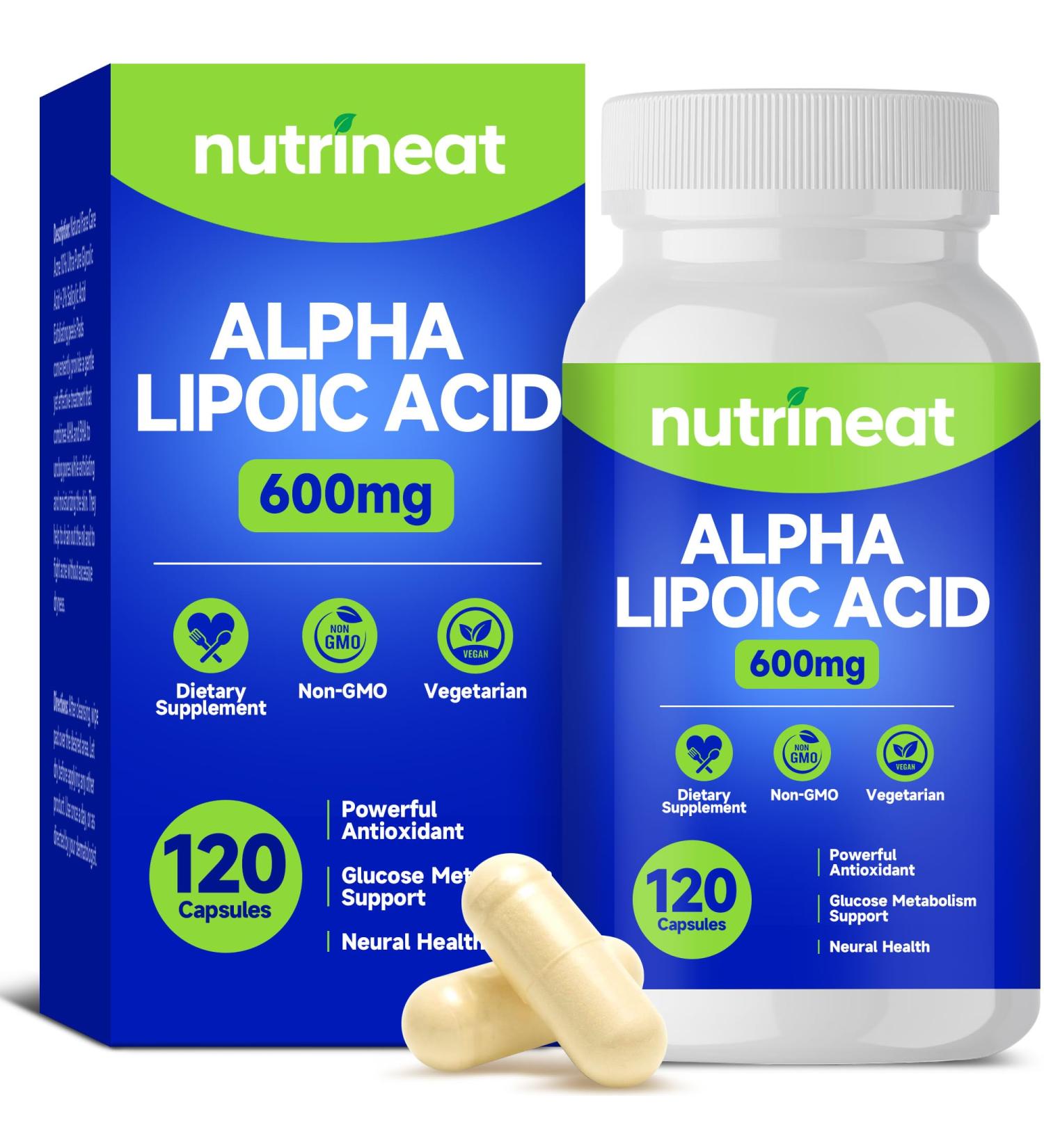 NutriNeat Alpha Lipoic Acid (120 Capsules) Alpha Lipoic Acid 600mg Alpha-Lipoic Acid High Potency R-ALA Supplement for Nerve Support Neuropathy Relief Glucose Metabolism & Antioxidant Health - Buy Online on GoSupps.com