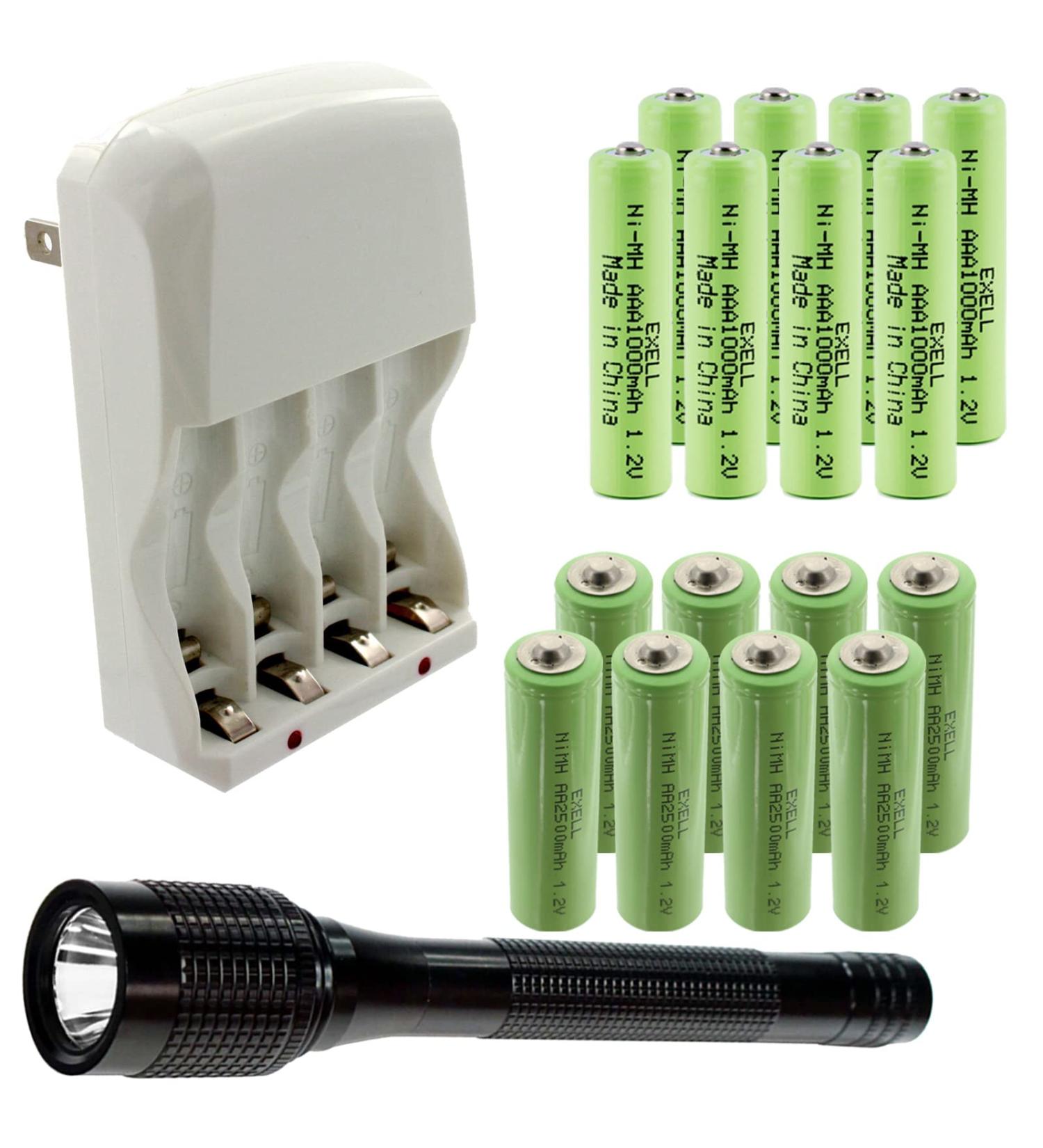 18pc Rechargeable Battery Kit - 8 AA & 8 AAA Batteries 4-Slot Charger & 140 Lumen Flashlight - International Shipping Available - Buy Online on GoSupps.com