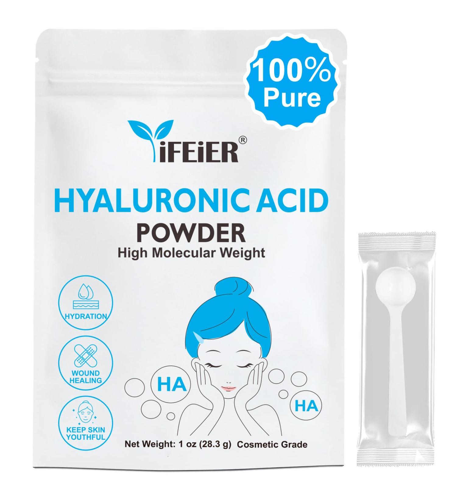 iFEiER Hyaluronic Acid Powder | High Molecular Weight Hyaluronic Acid Serum Powder | 1oz(28.3g) Cosmetics Grade | Sodium Hyaluronate | LMW HMW HA ingredient to make gel for DIY Serums - Buy Online on GoSupps.com